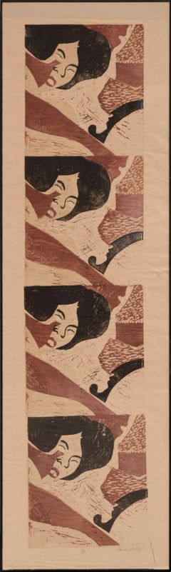 Vintage Face of a Woman, Figurative Abstract Pop Art Woodcut Portrait on Handmade Paper