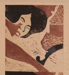 Face of a Woman, Figurative Abstract Pop Art Woodcut Portrait on Handmade Paper