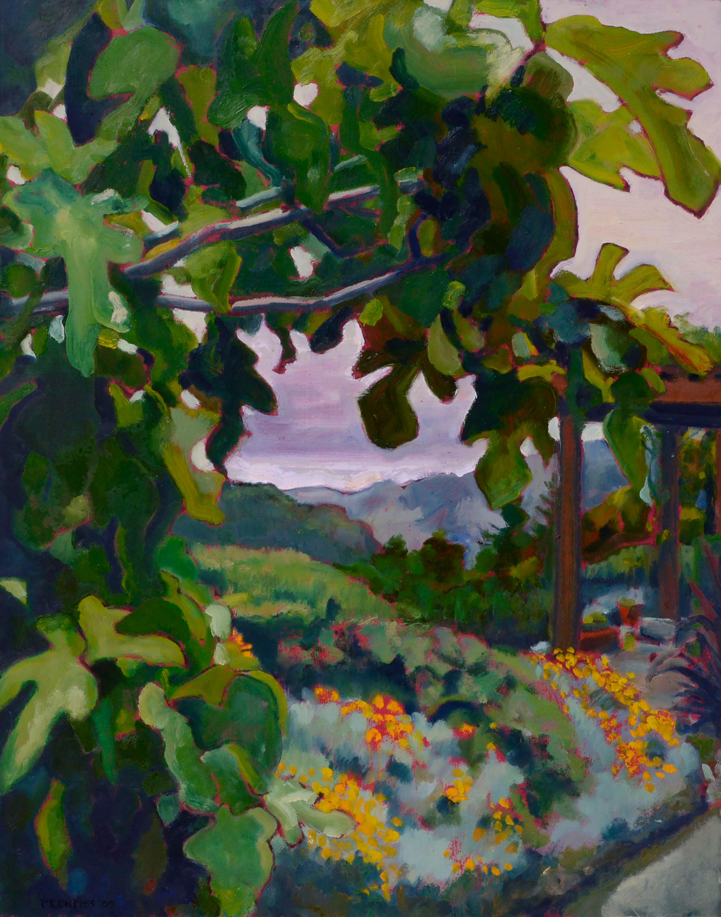California Fig Tree & Flowers Landscape - Painting by Charles Prentiss 
