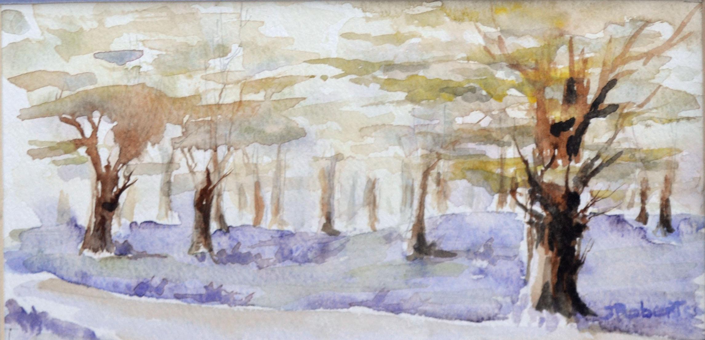 Trees in Springtime, New Zealand North Hagley Park Landscape Watercolor  - Painting by Jeanie Roberts
