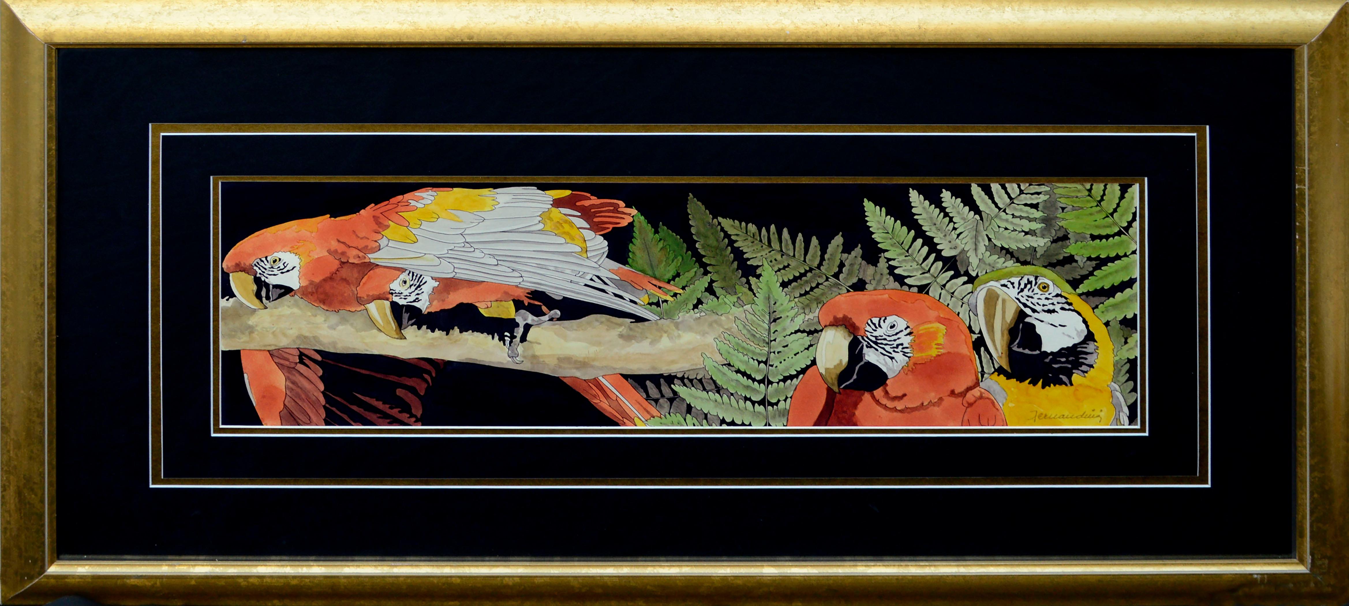 Unknown Animal Art - Scarlett Macaw Parrots and Ferns Watercolor, Large-Scale Horizontal Panorama 