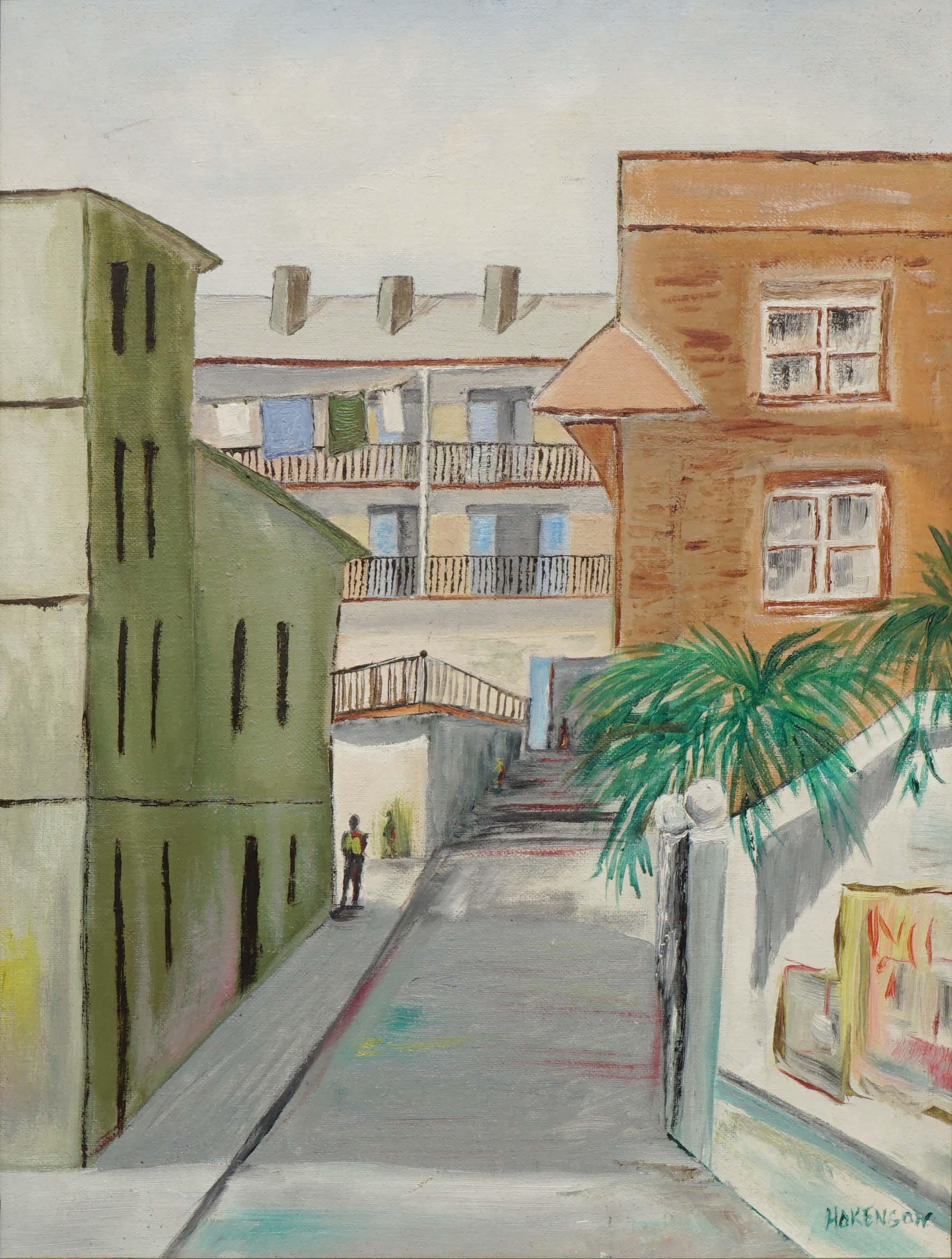 Urban Morning Landscape aus der Mitte des Jahrhunderts – Painting von Martha Hokenson