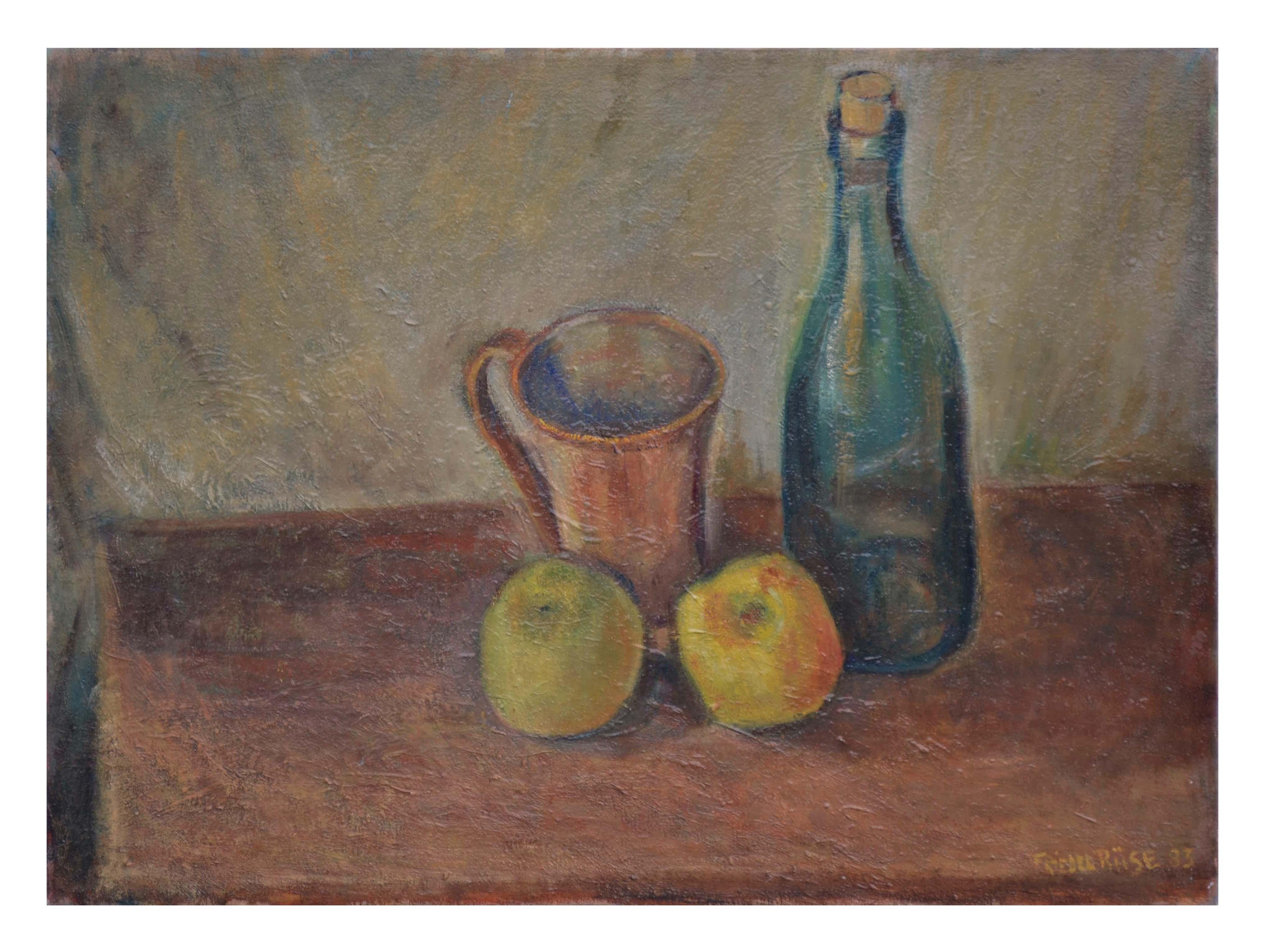 Friedel Riise Still-Life Painting - Vintage Still Life -- Wine Bottle with Apples