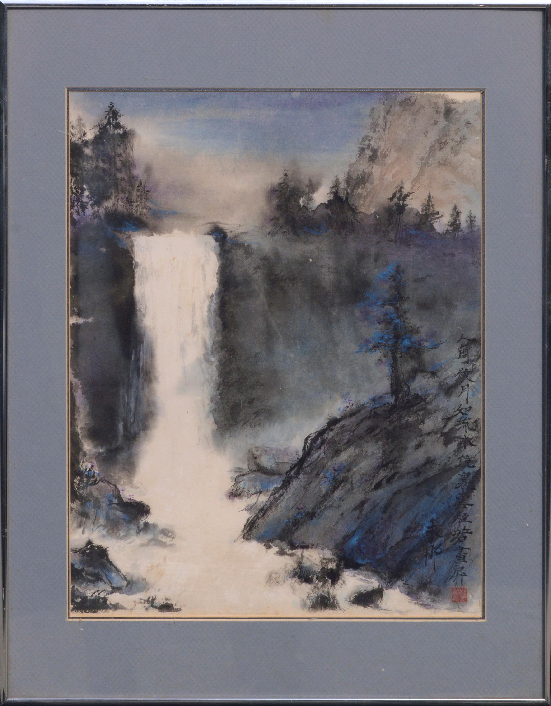 Landscape Art Unknown - Aquarelle d'un paysage en cascade de la Yosemite Mist Trail, cascade des chutes du Vernal sur papier de riz
