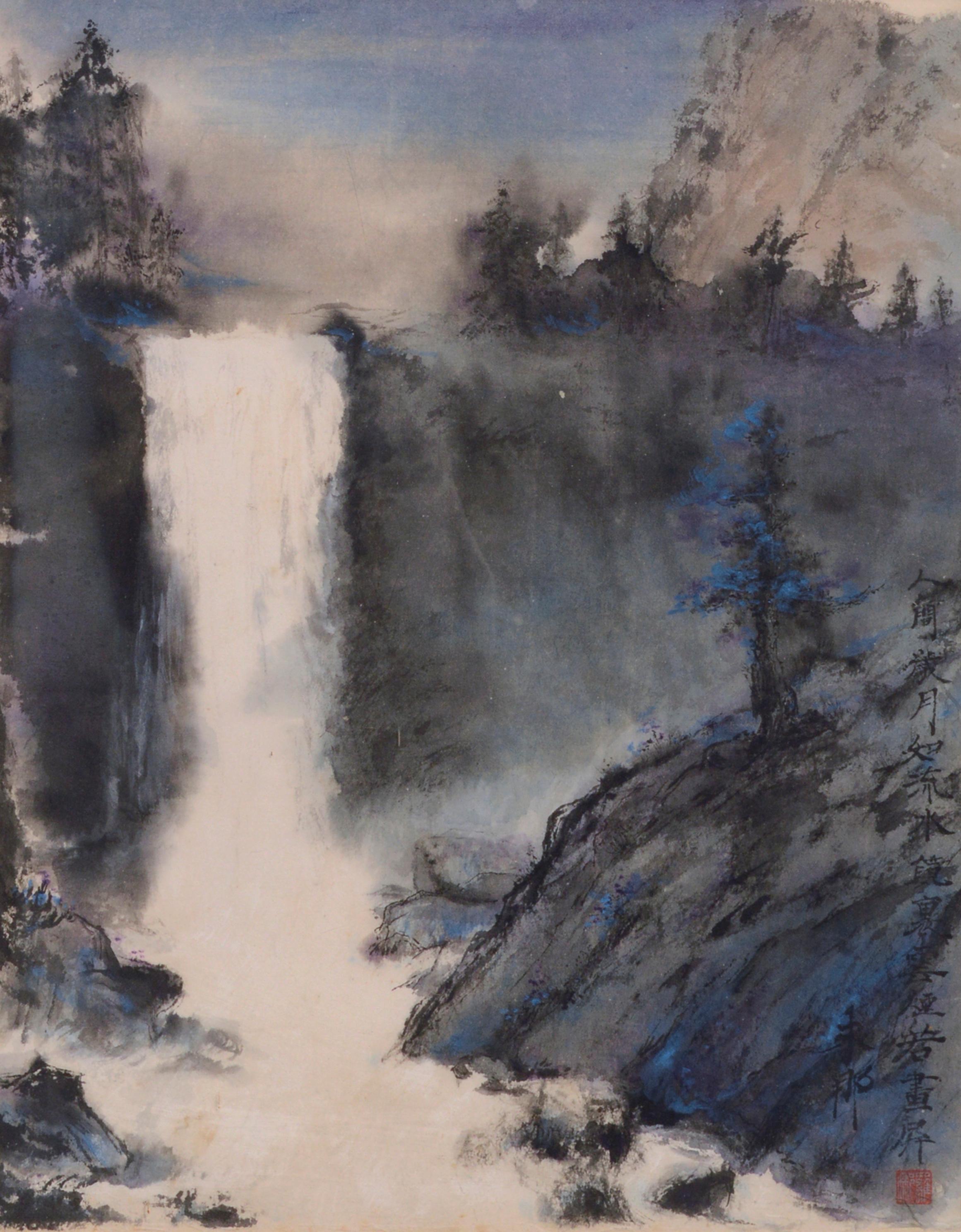 Aquarelle d'un paysage en cascade de la Yosemite Mist Trail, cascade des chutes du Vernal sur papier de riz - Art de Unknown