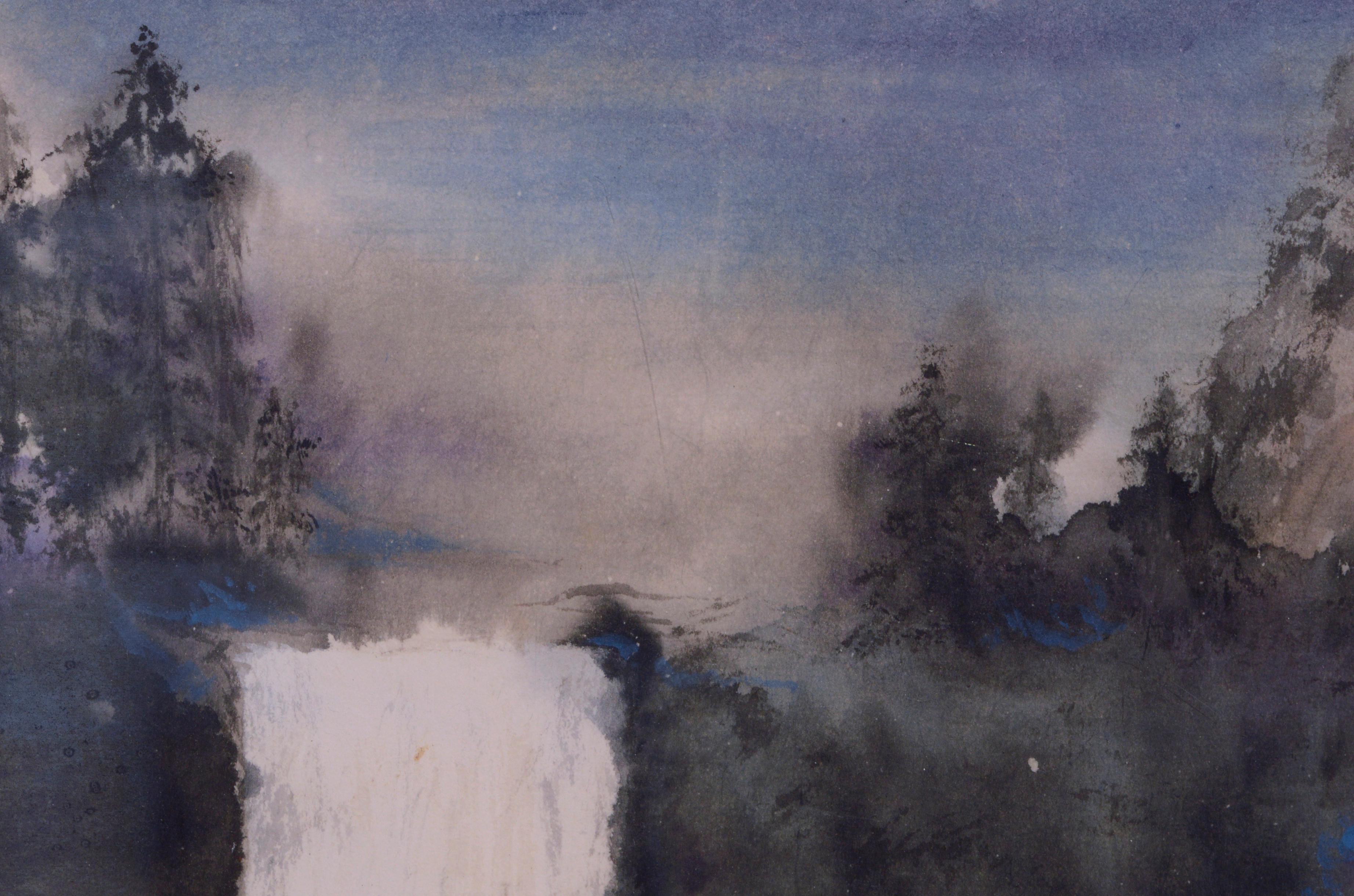 Aquarelle d'un paysage en cascade de la Yosemite Mist Trail, cascade des chutes du Vernal sur papier de riz - Autres styles artistiques Art par Unknown