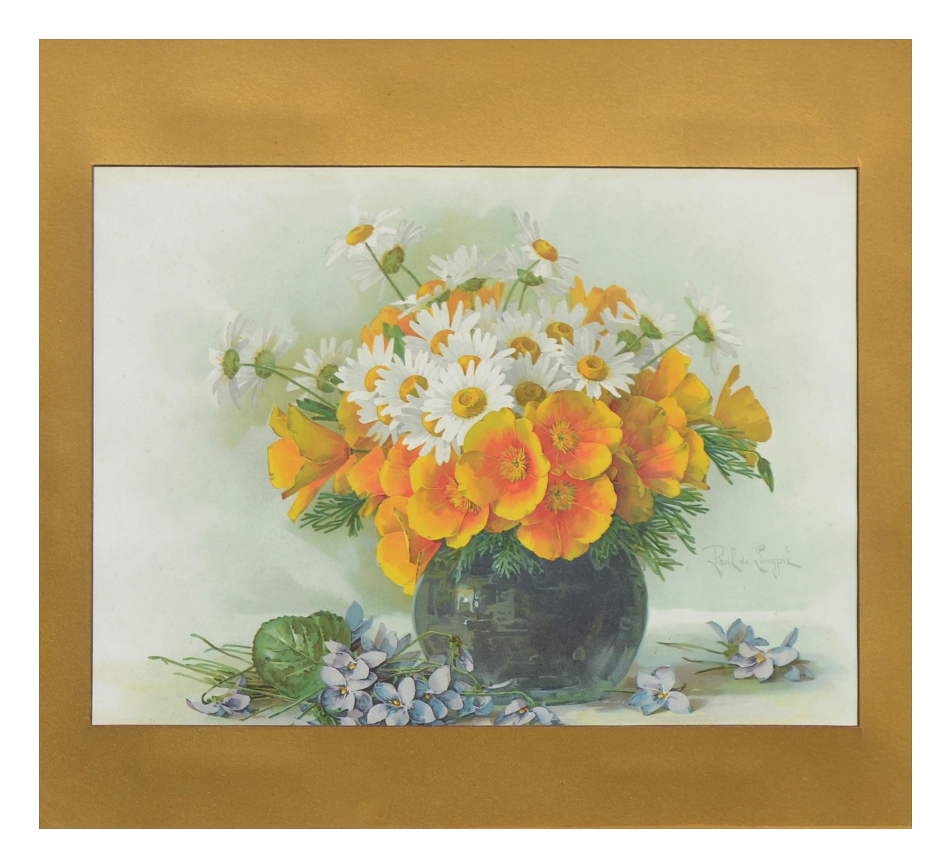 Late 19th Ccentury Chromolithograph of Daisies and California Poppies Still Life - Print by Paul de Longpre