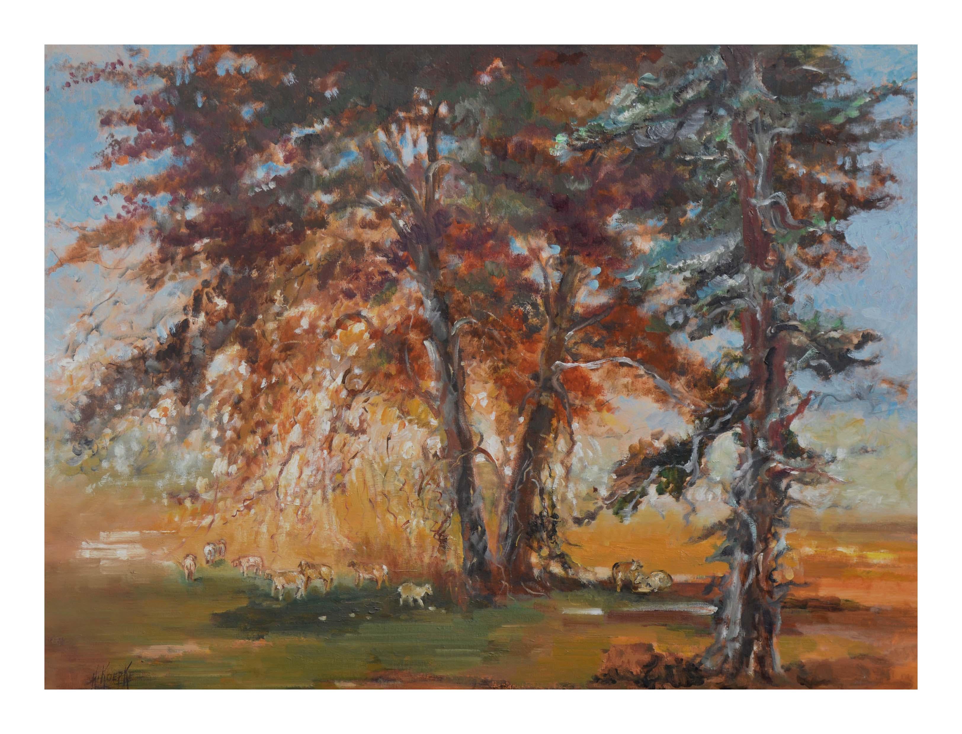 Fall Trees with Sheep, Vintage 1970s Autumn Landscape - Painting by Helen Koepke