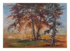 Fall Trees with Sheep, Vintage 1970s Autumn Landscape 