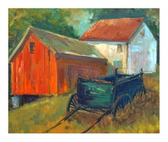 "Gold Country Homestead", California Farmhouse Landscape with Red Barn & Wagon