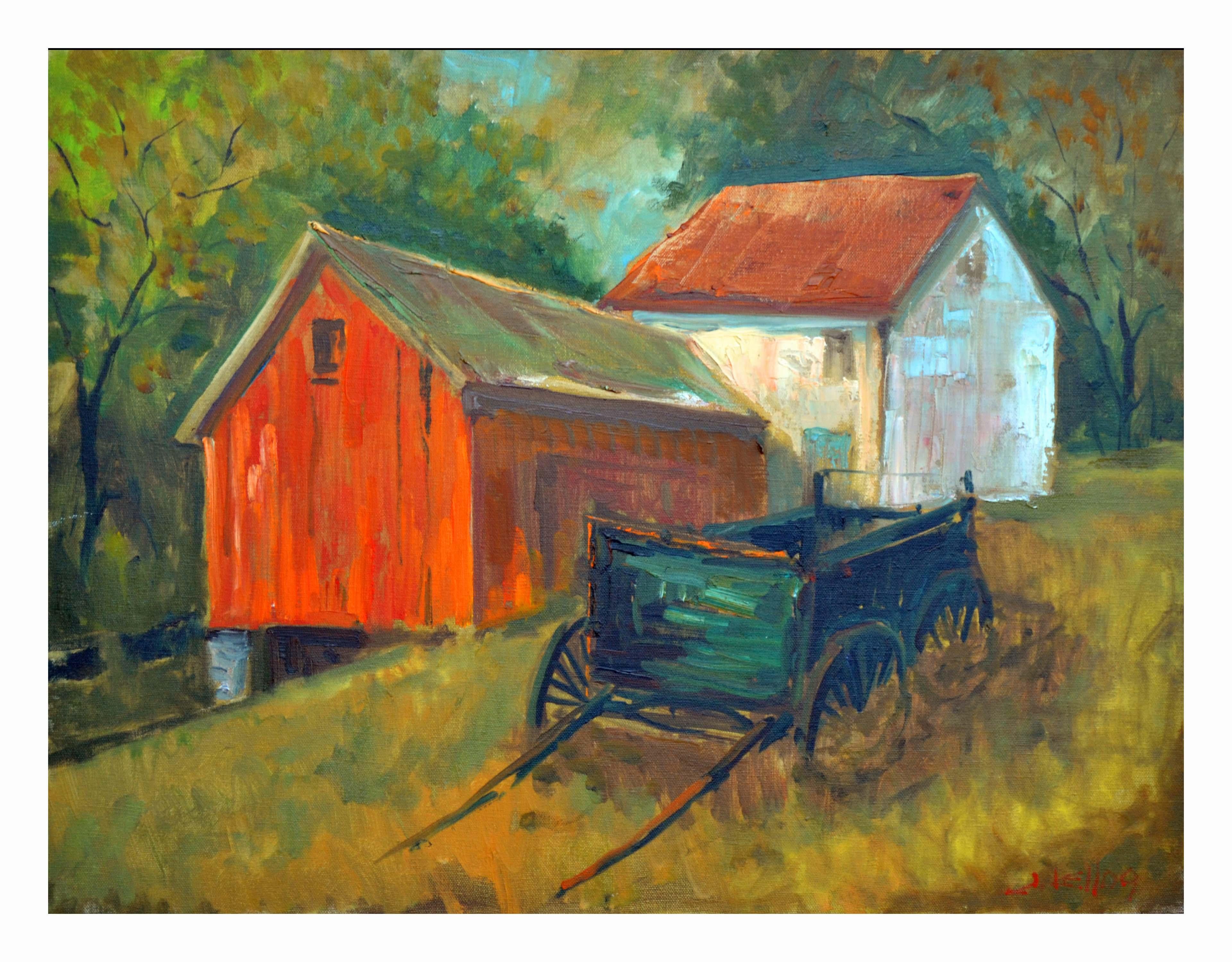 Landscape Painting J. Kellog - "Gold Country Homestead", Paysage de ferme californien avec grange et wagon rouge