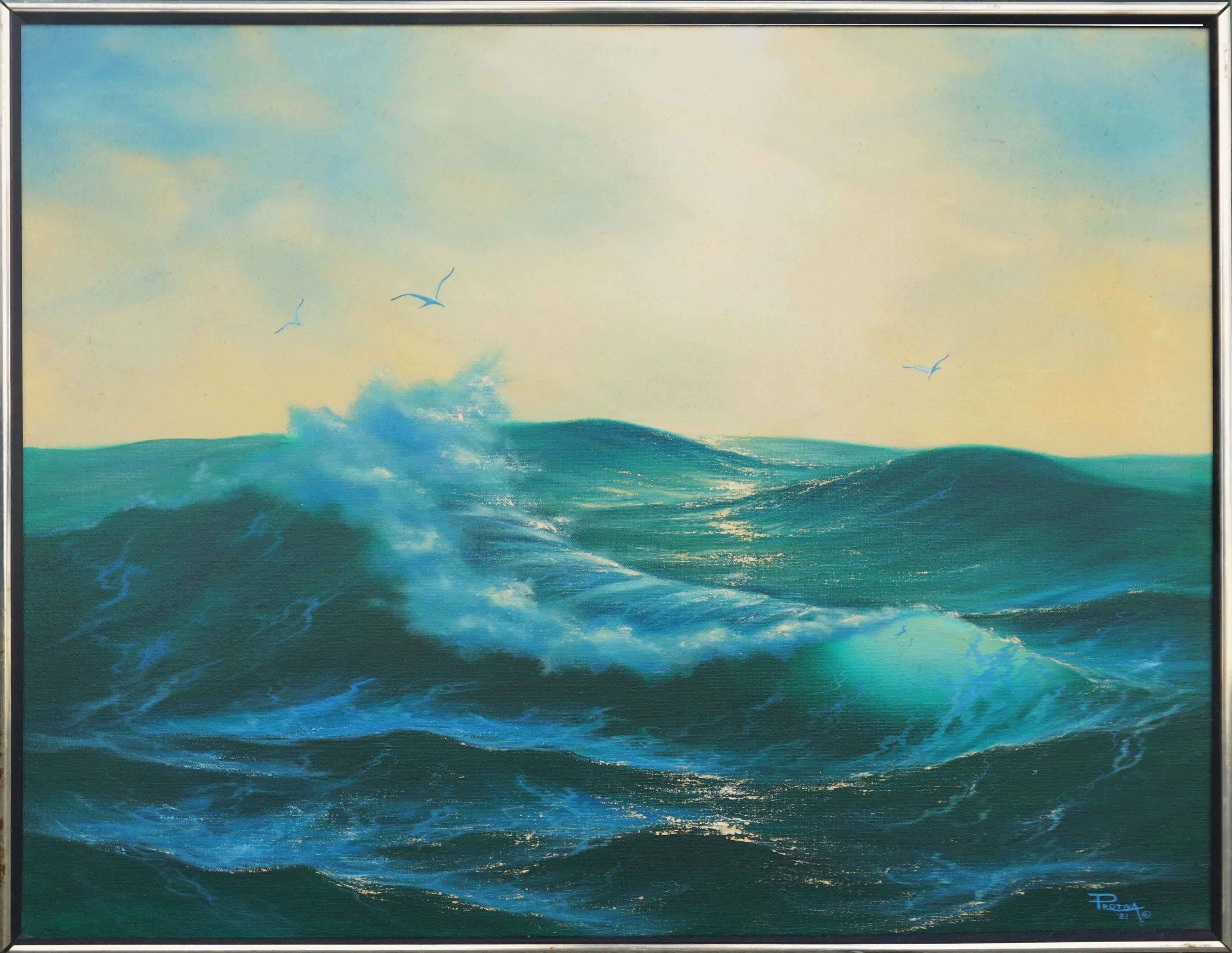 Atemberaubende realistische Meereslandschaft mit leuchtenden Wellen und Möwen von Michael Protiva (Amerikaner, 20. Jahrhundert), 1981. Die elektrisch blauen Wellen fließen und brechen, wenn das Sonnenlicht durch das Wasser dringt, und schaffen so