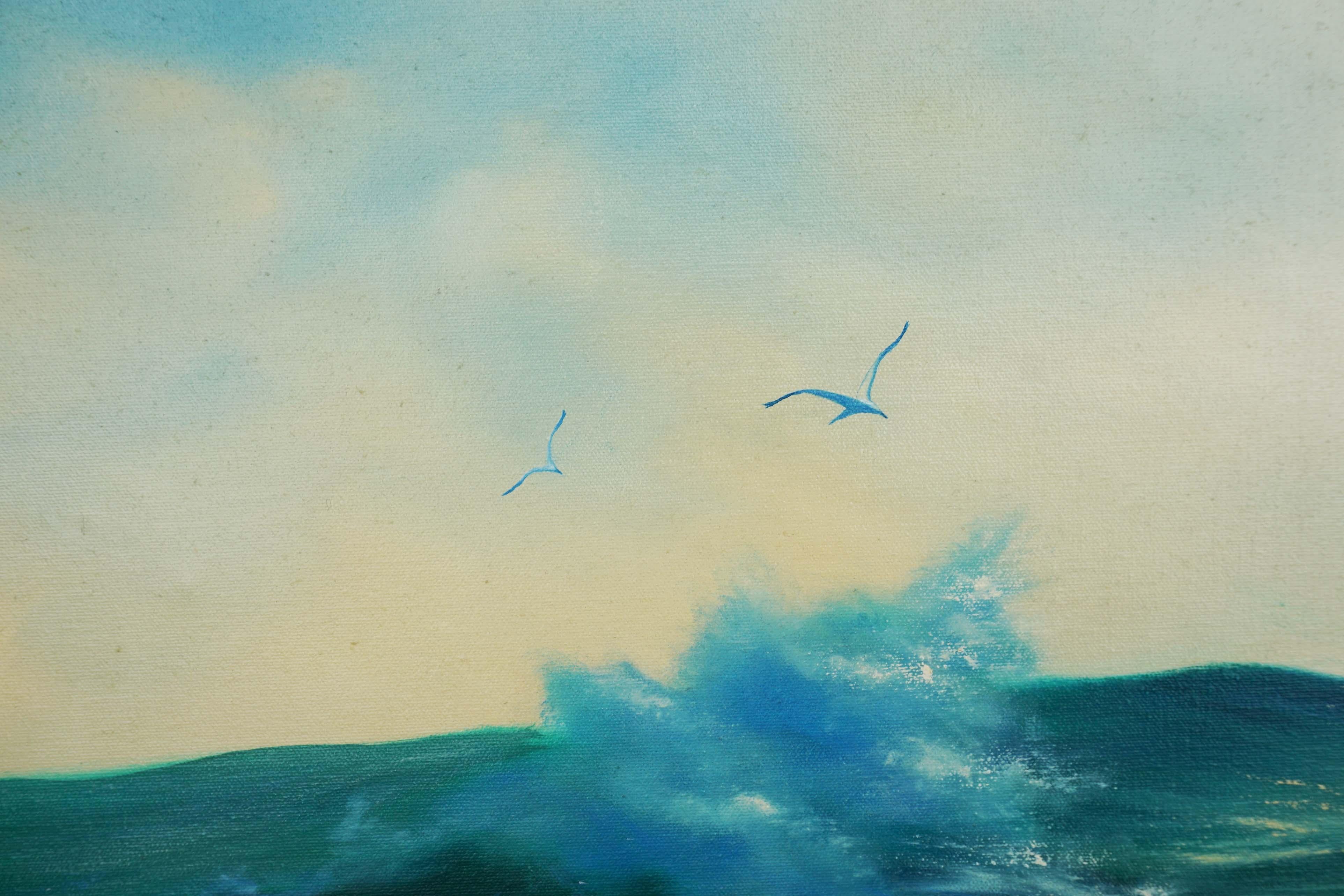 Luminescent Waves with Seagulls, Realistische ozeanische Meereslandschaft von Michael Protiva  im Angebot 2