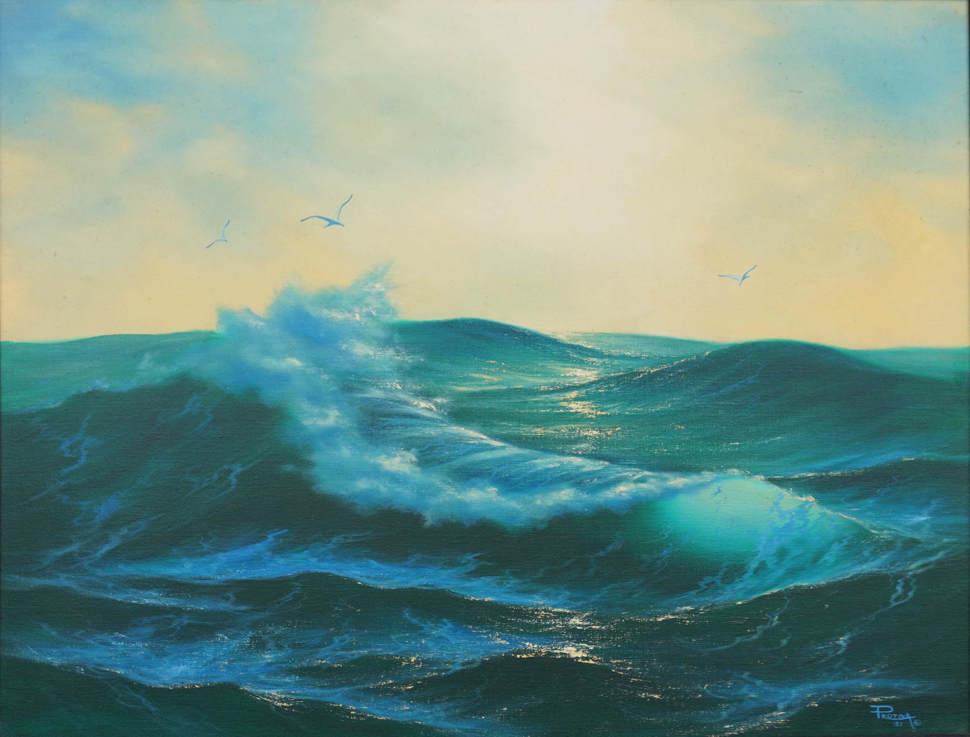 Luminescent Waves with Seagulls, Realistische ozeanische Meereslandschaft von Michael Protiva  im Angebot 1