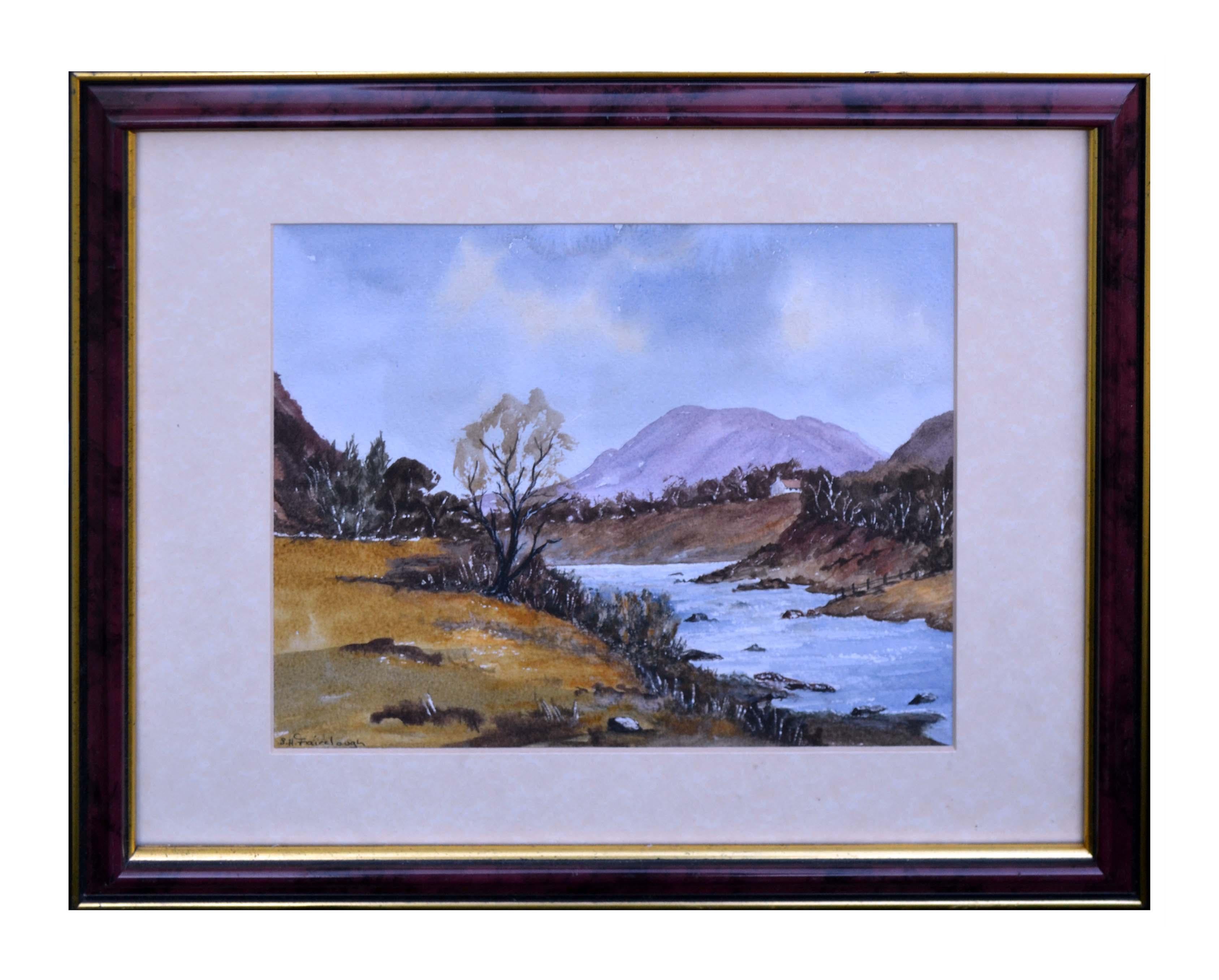 Sean H Fairclough Landscape Painting - Scottish Highlands with Stream, Small-Scale Mountain Landscape Watercolor 