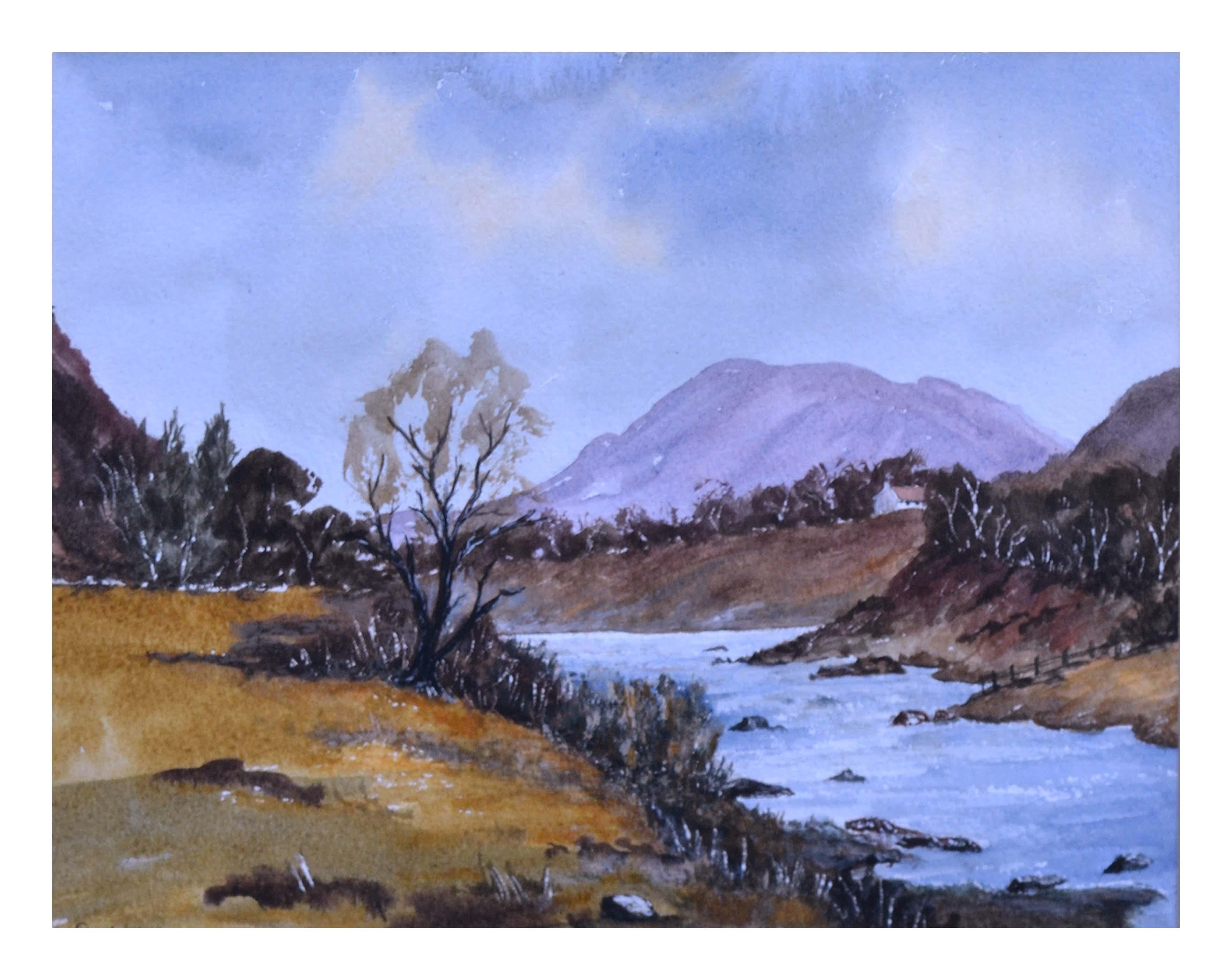 Scottish Highlands with Stream, Small-Scale Mountain Landscape Watercolor  - Painting by Sean H Fairclough