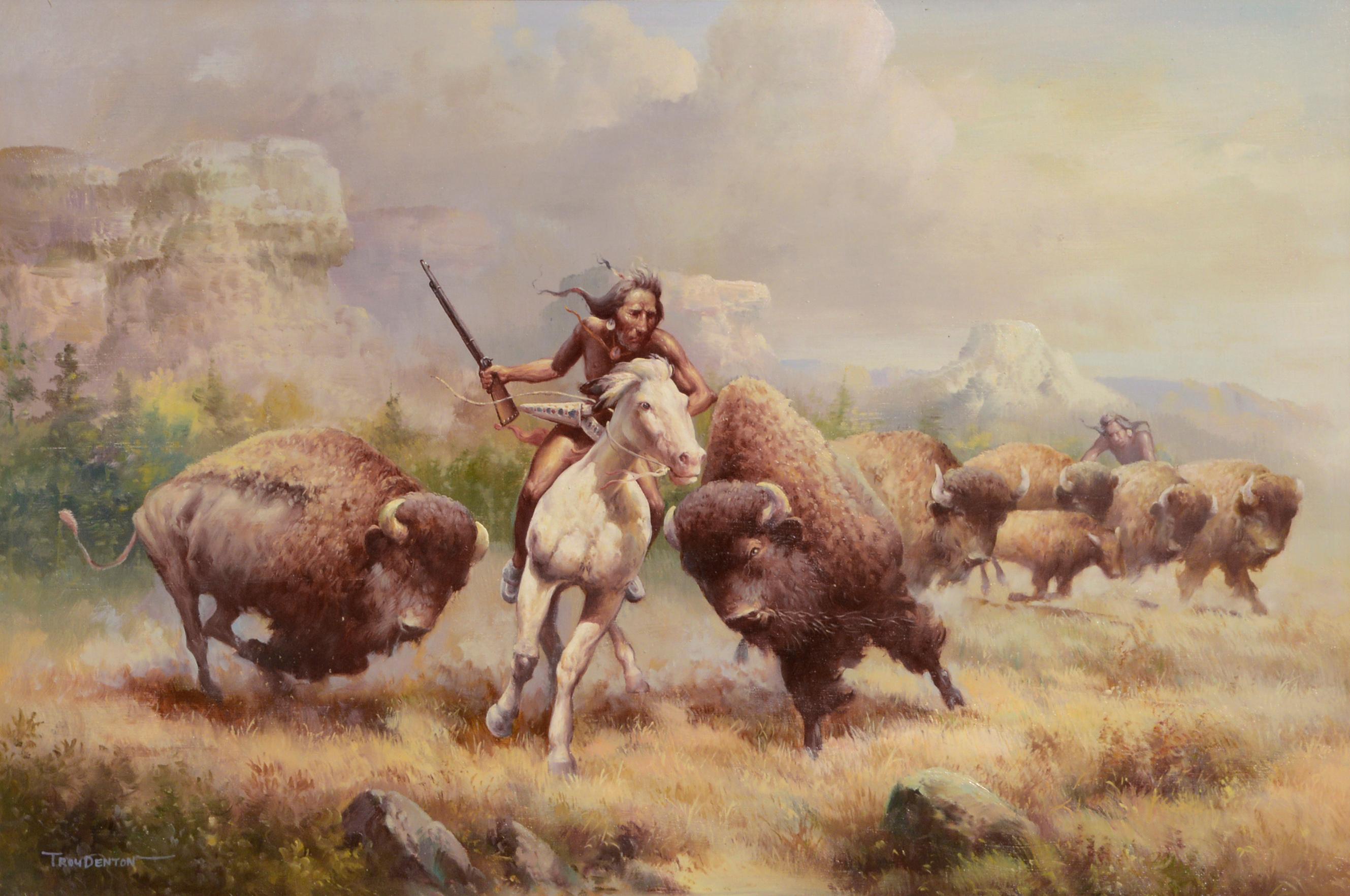 Buffalo Hunt with Rifle, Realist Figurative Landscape  - Painting by Troy Denton