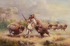 Buffalo Hunt with Rifle, Realist Figurative Landscape