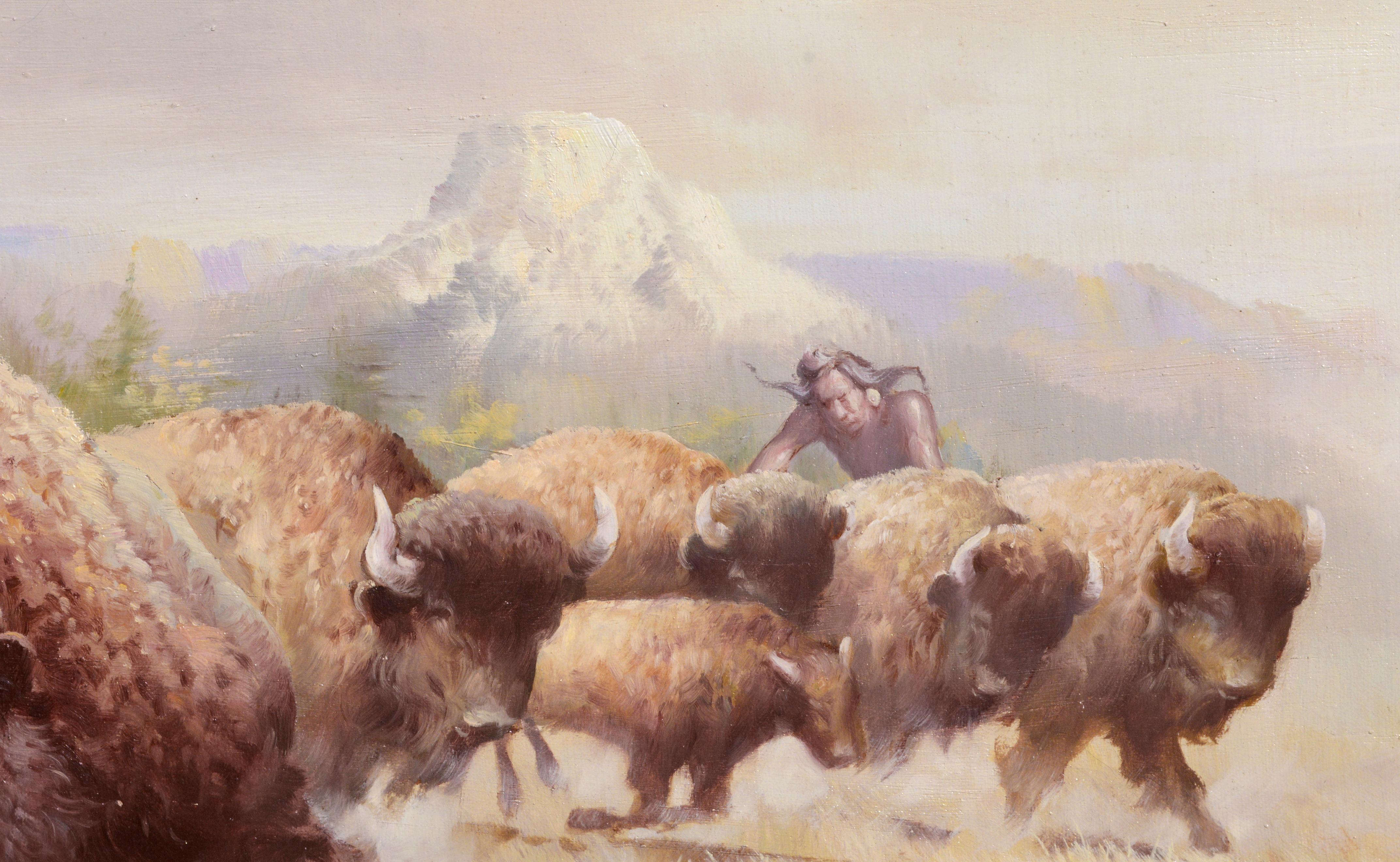 Buffalo Hunt with Rifle, Realist Figurative Landscape  - Brown Landscape Painting by Troy Denton