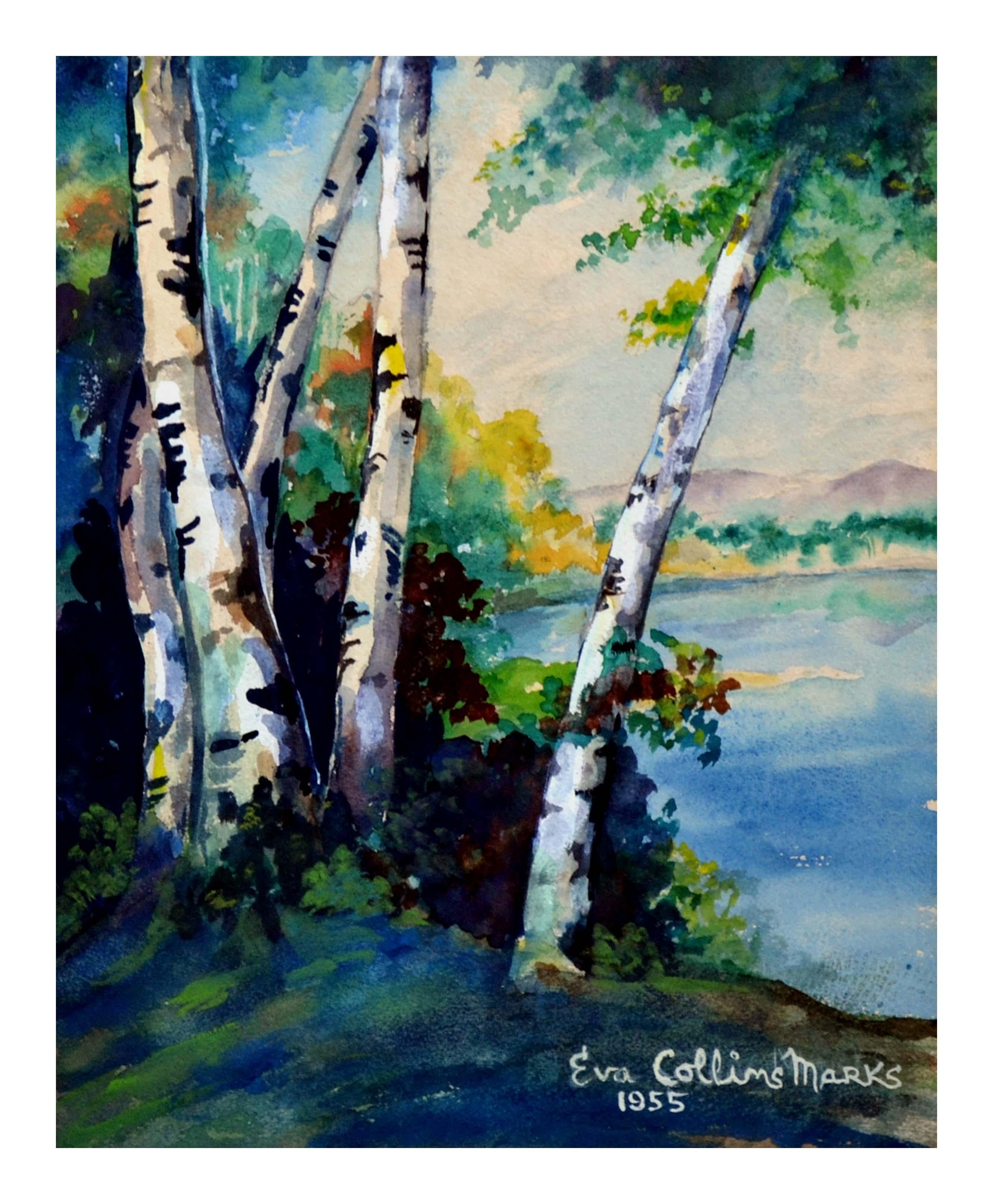 Mid Century River Birches Landscape Watercolor