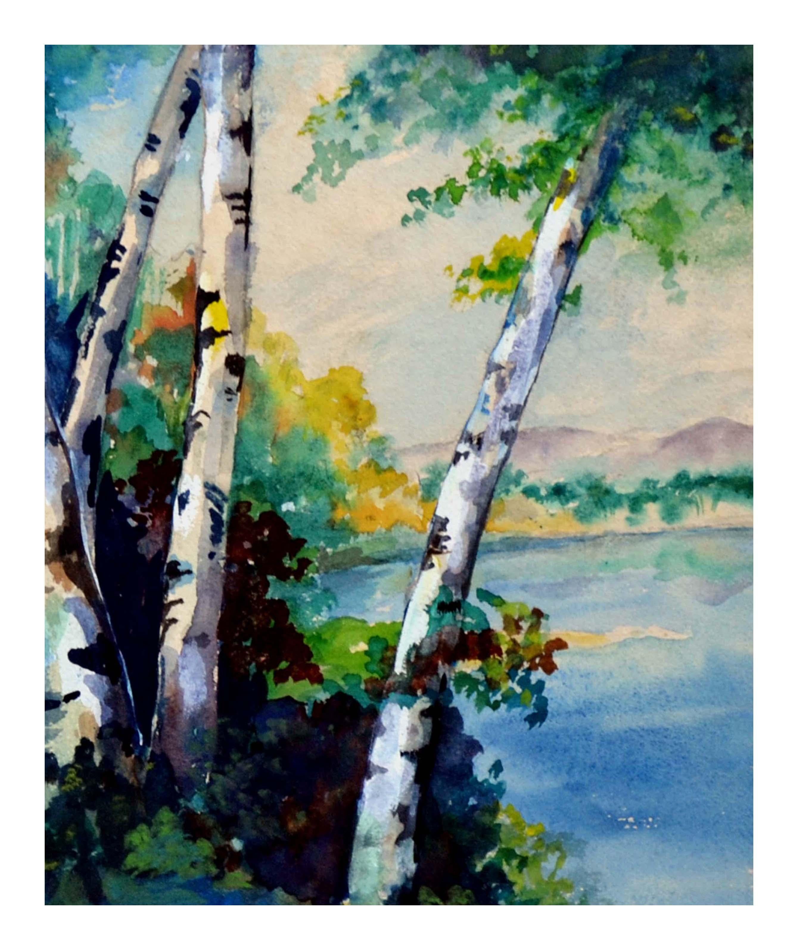 Mid Century River Birches Landscape Watercolor - Painting by Eva Collins Marks