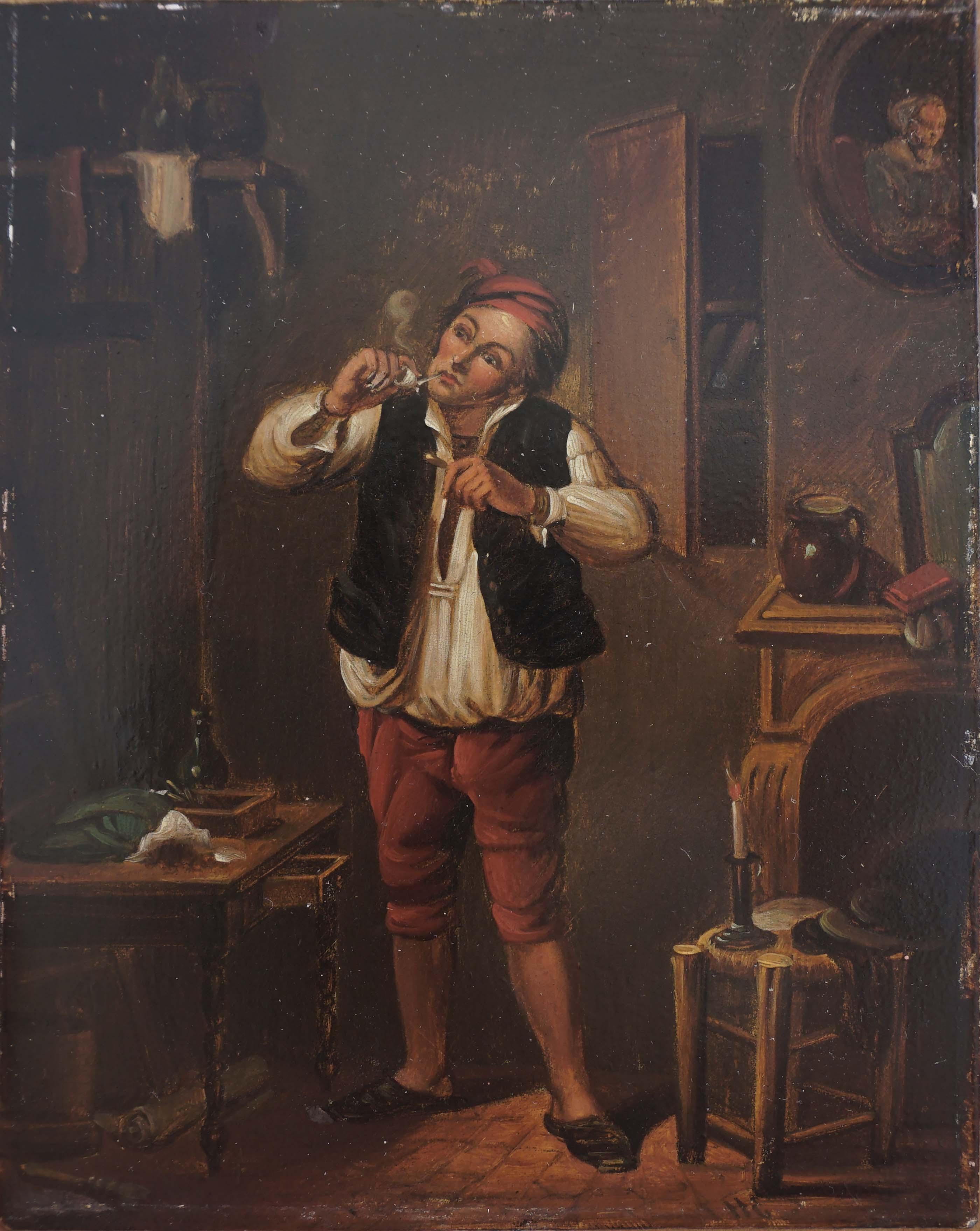 Pintura de género del siglo XVII -- El fumador de pipa - Figurative Painting Negro de Flemish School, 17th Century