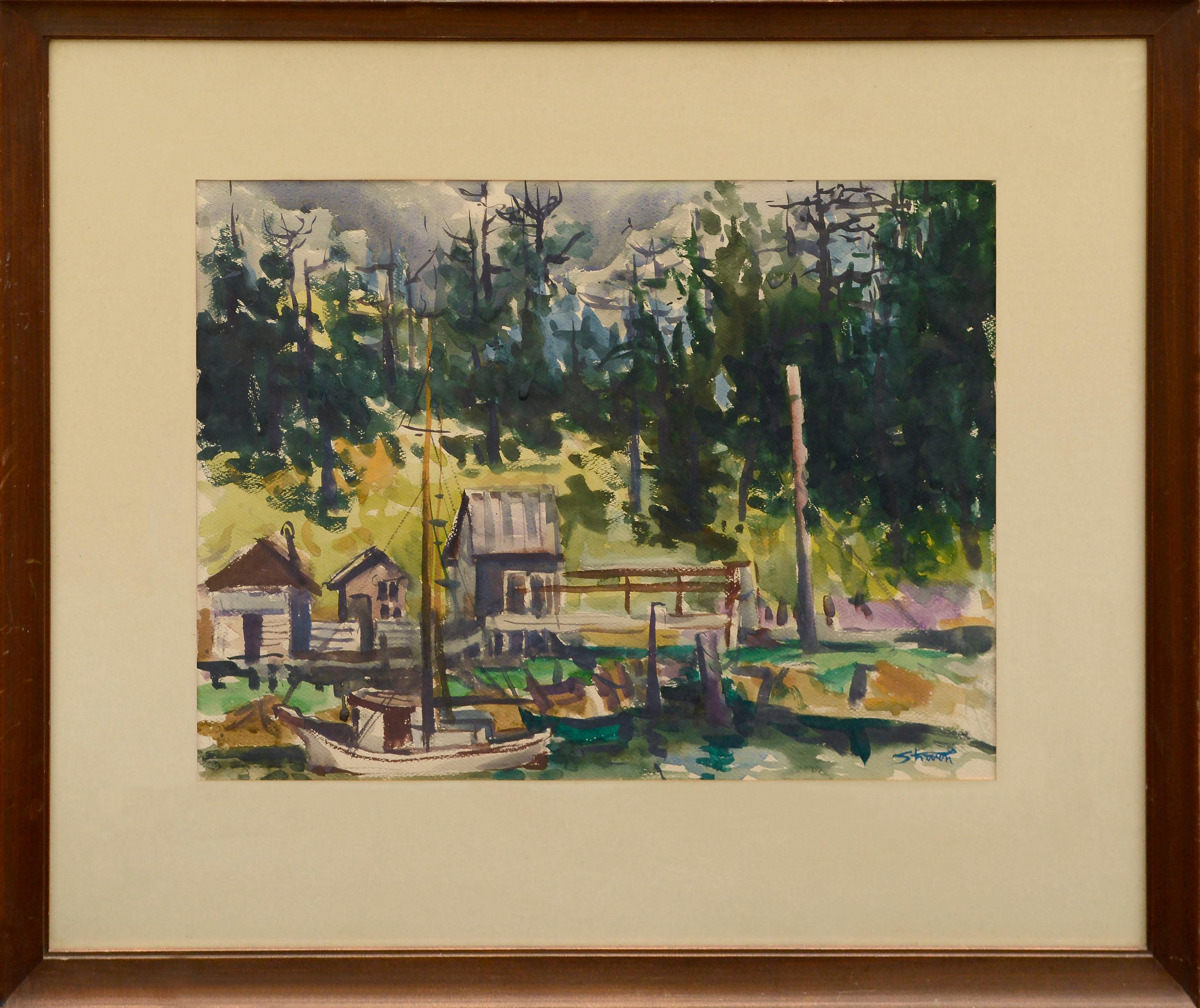 Unknown Landscape Art - Mid Century Watercolor Landscape -- Boats at the Dock