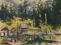 Aquarelllandschaft aus der Mitte des Jahrhunderts – Boote im Dock