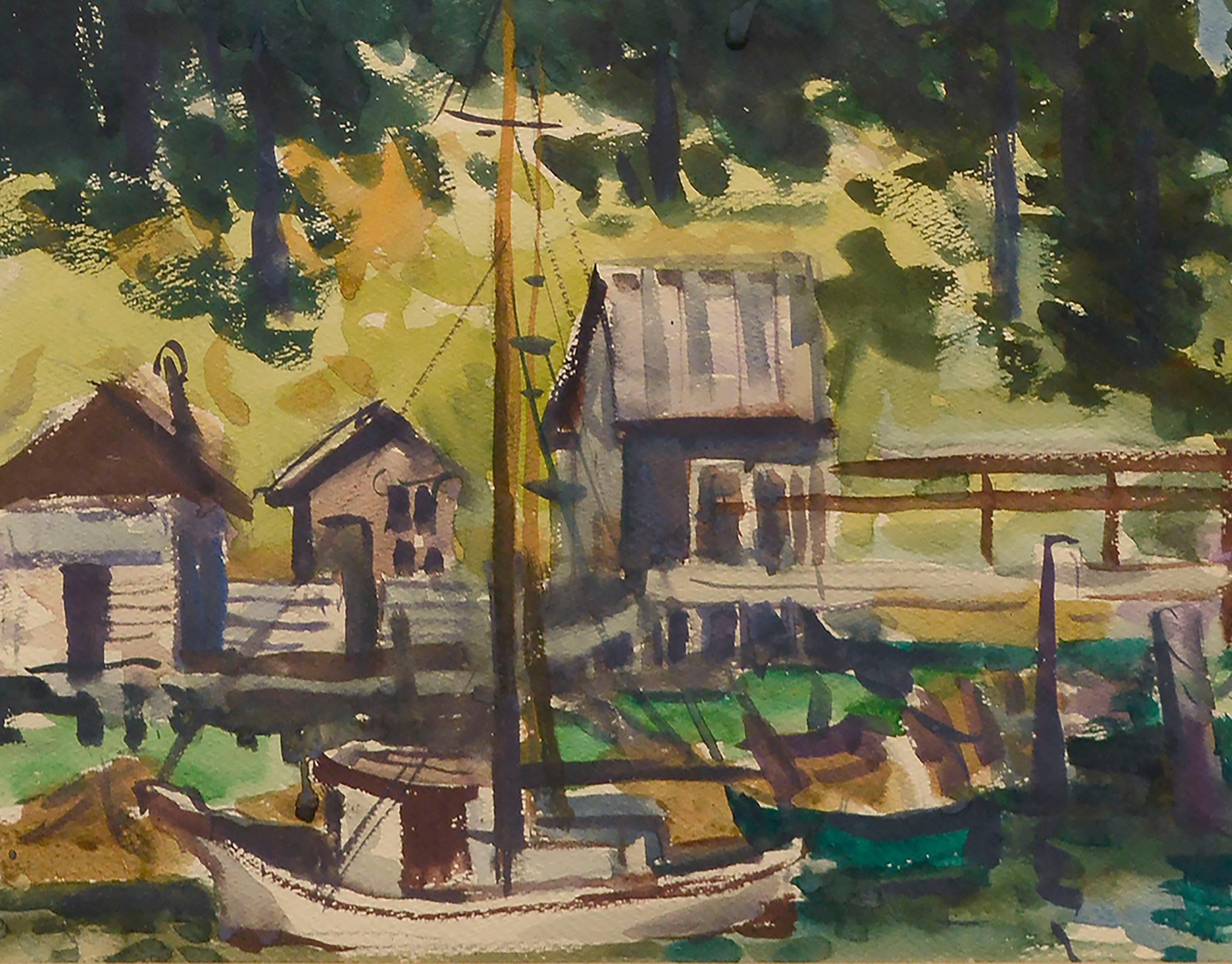 Aquarelllandschaft aus der Mitte des Jahrhunderts – Boote im Dock (Amerikanischer Impressionismus), Art, von Unknown