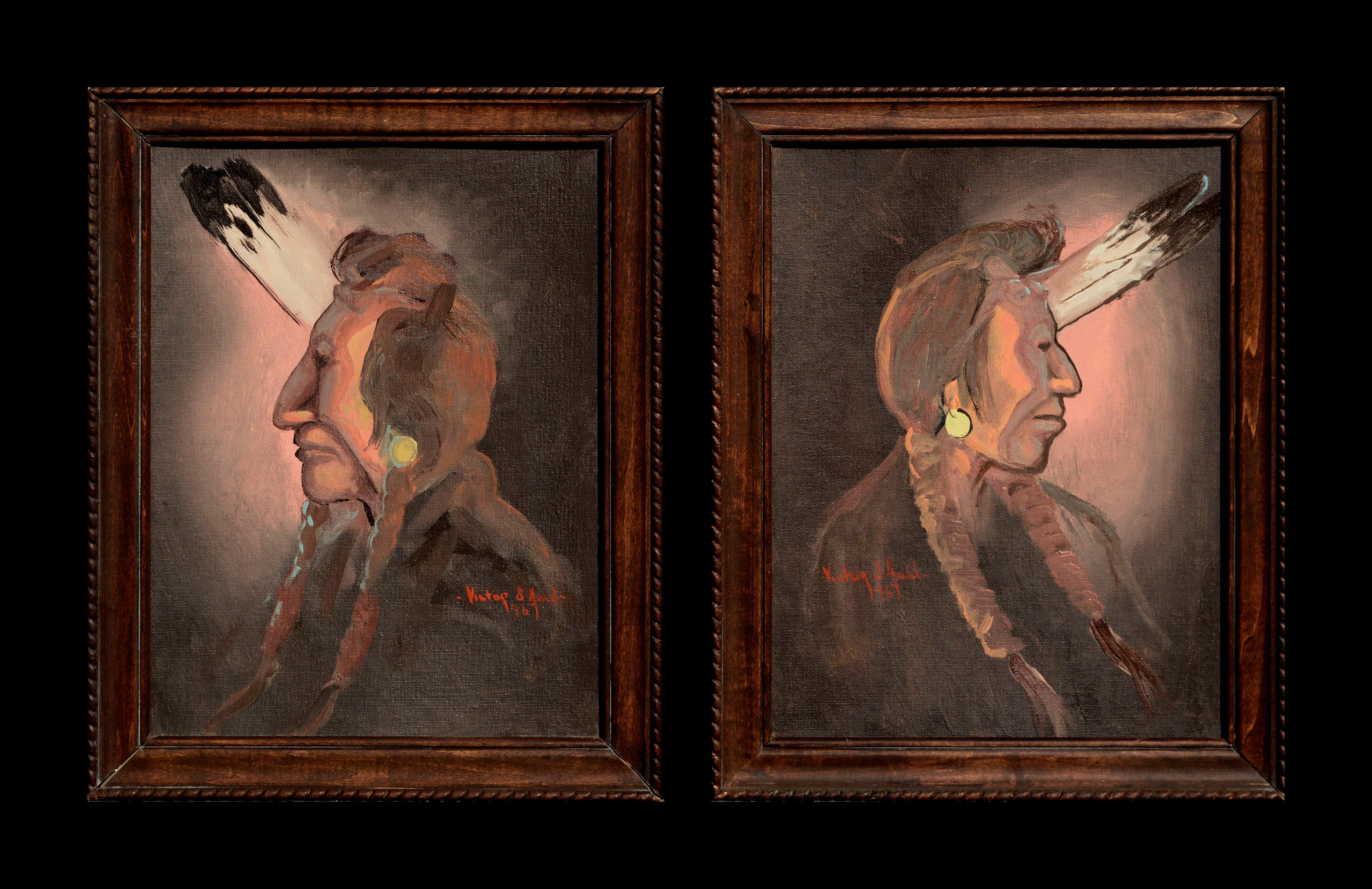 Pair of Vintage Native American Portraits  - Painting by Victor S. Field 