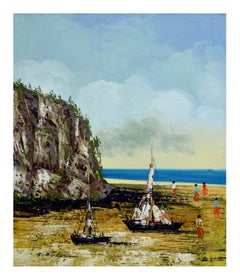 Vintage Mid Century Boats at Sea Landscape