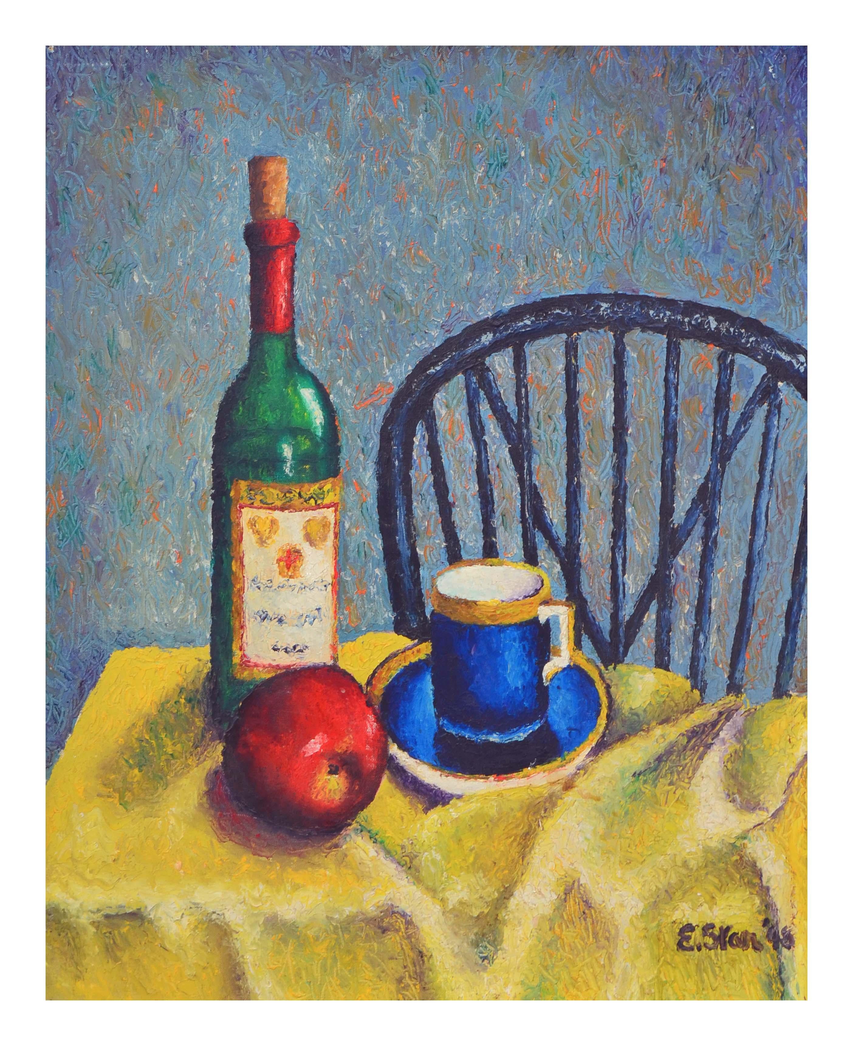 Zeitgenössisches zeitgenössisches Stillleben mit Apfel und Weinflasche  – Painting von E. Star