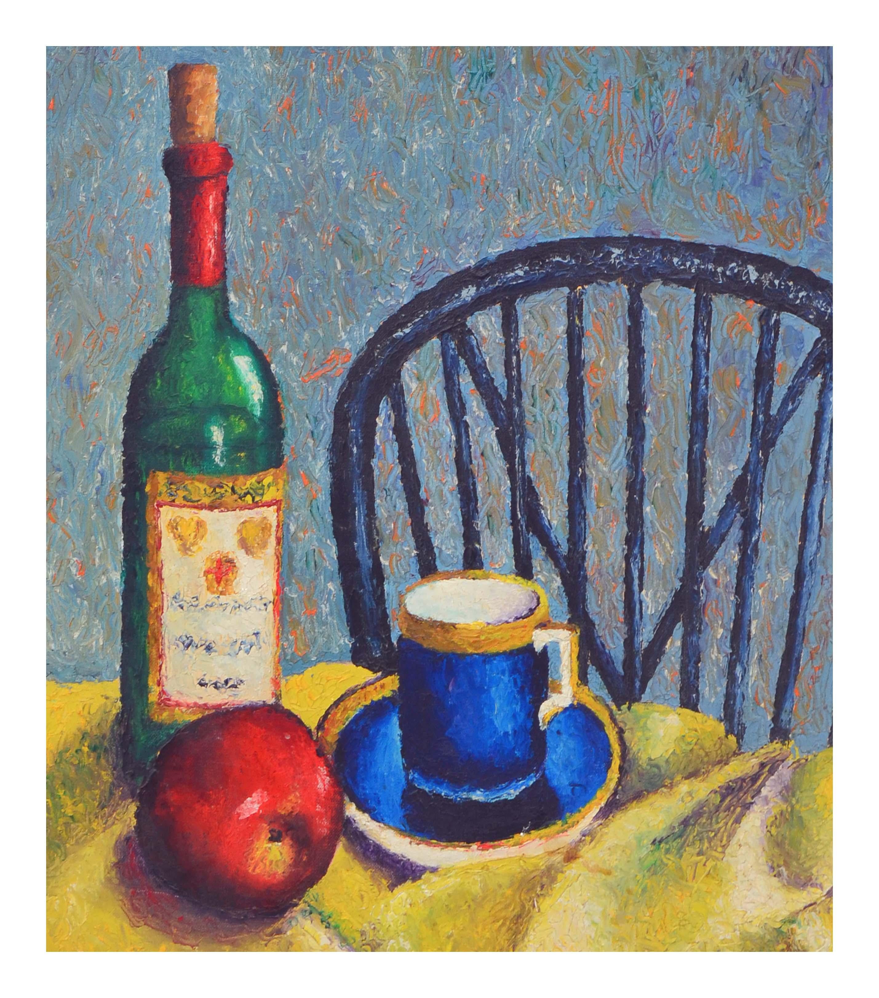 Zeitgenössisches zeitgenössisches Stillleben mit Apfel und Weinflasche  (Amerikanischer Impressionismus), Painting, von E. Star