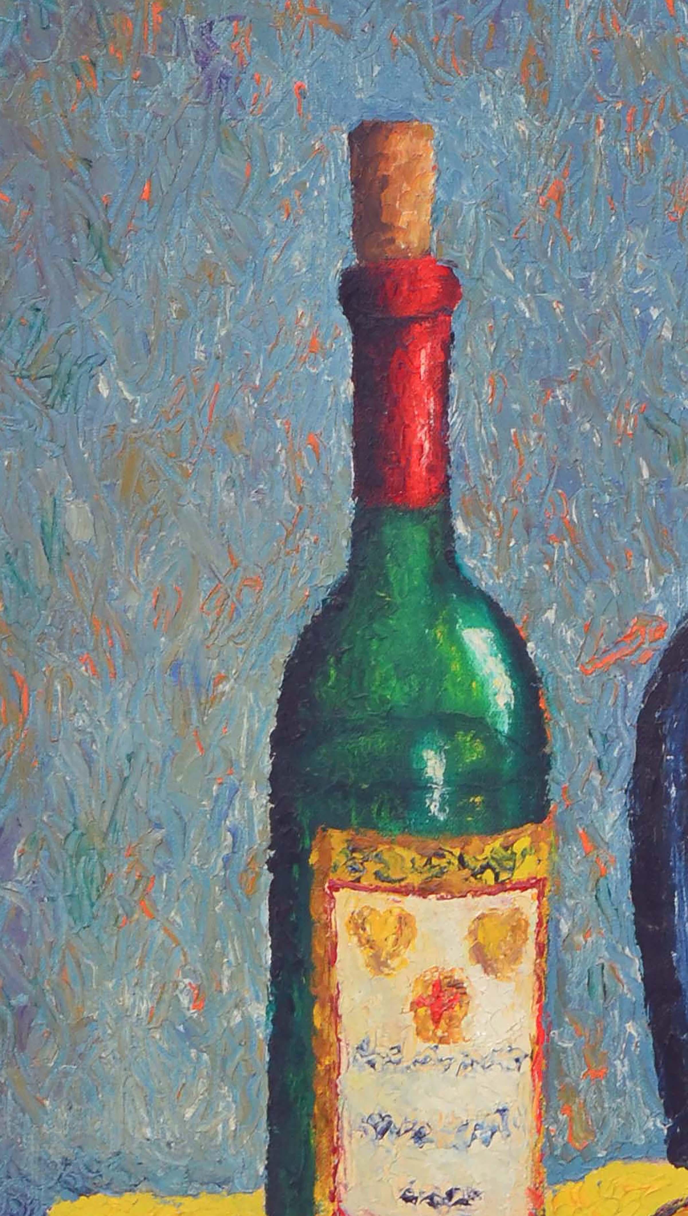 Apple & Wine Bottle Vibrant Contemporary Still-Life  - American Impressionist Painting by E. Star