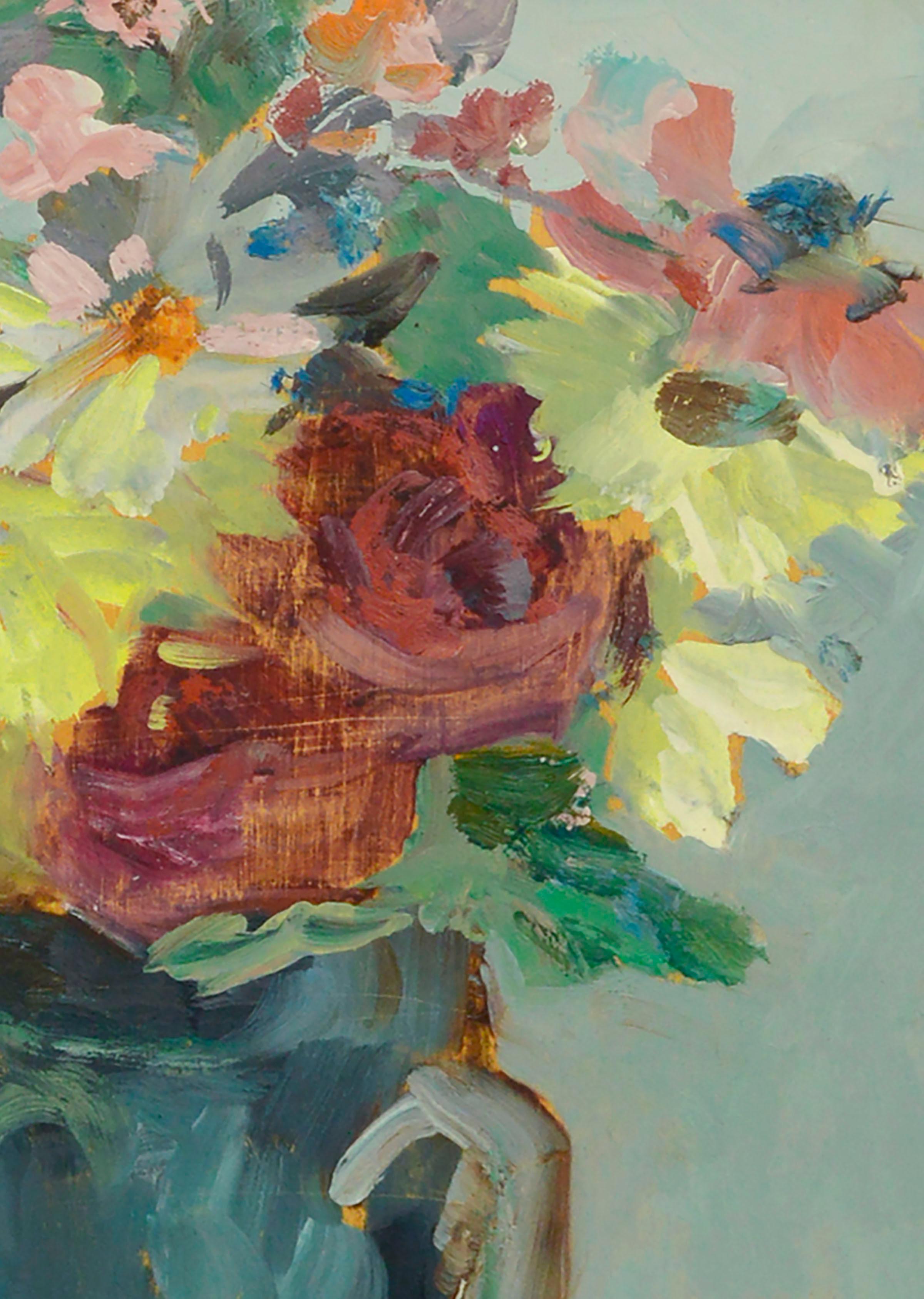 Mid Century Modern, Multicolor Floral Bouquet Still-Life  - Post-Impressionist Painting by Amelia Daforno Casonato