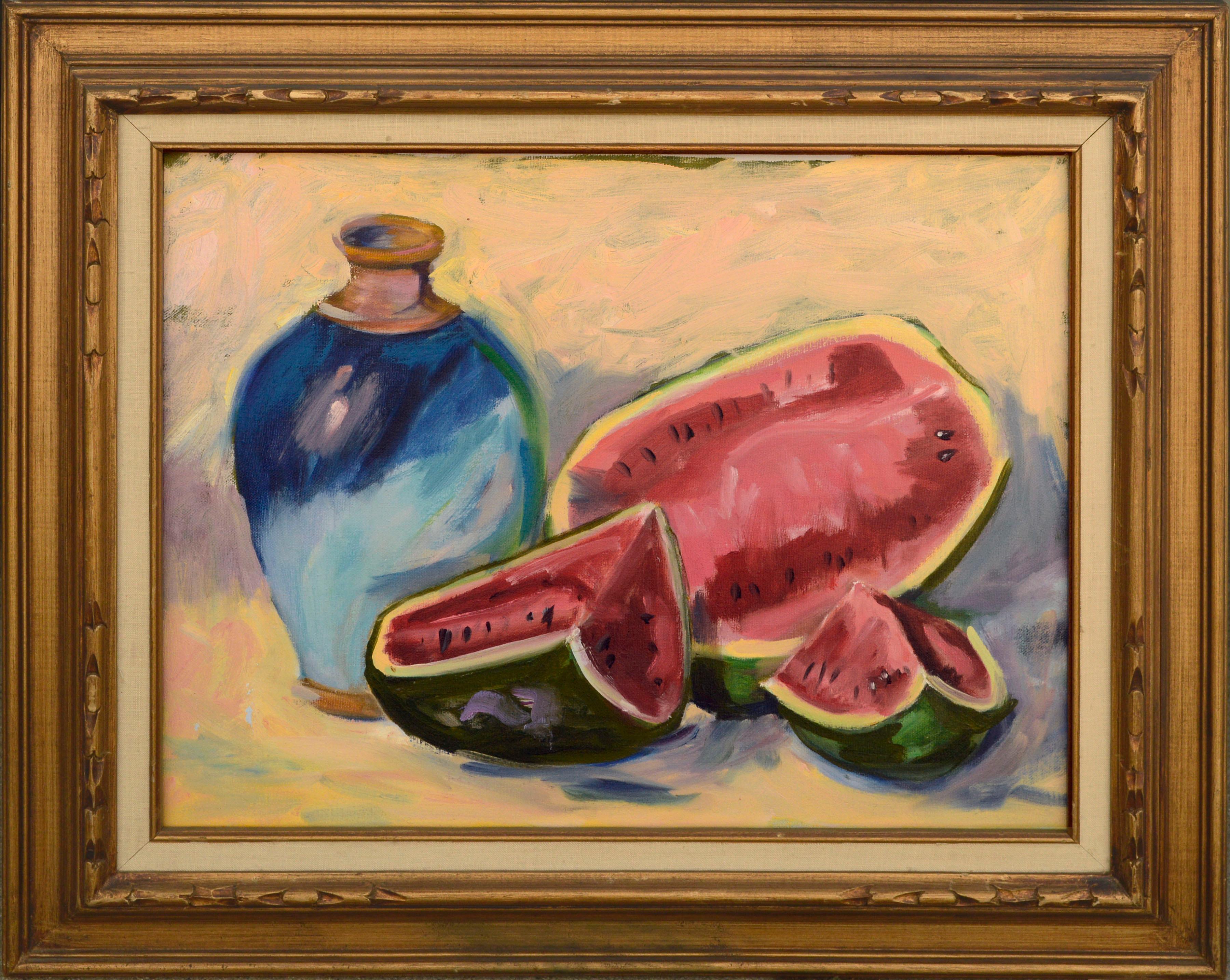 Sally Minton Interior Painting - Watermelon and Blue Vase Still-Life 