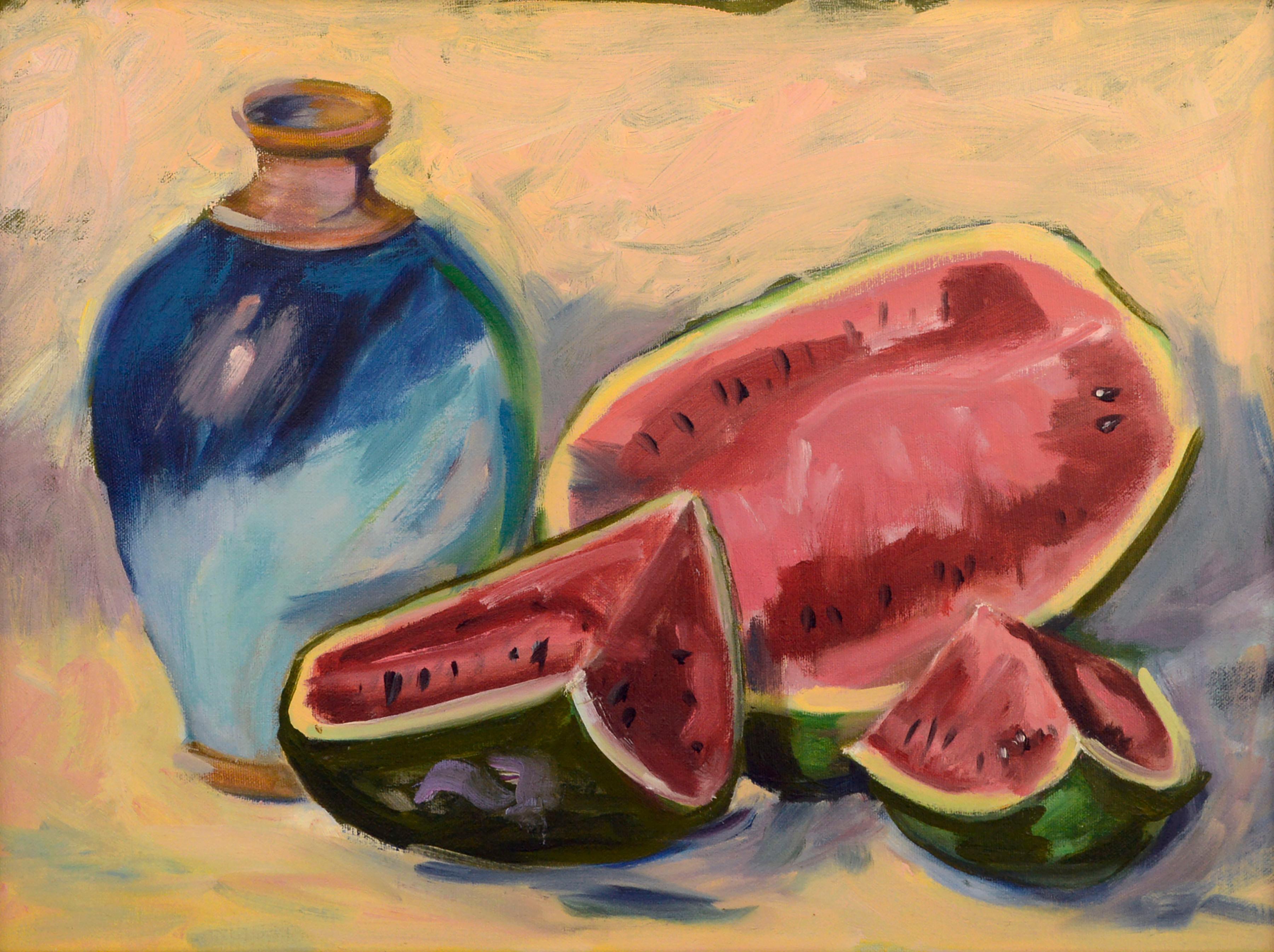Watermelon and Blue Vase Still-Life  - Painting by Sally Minton