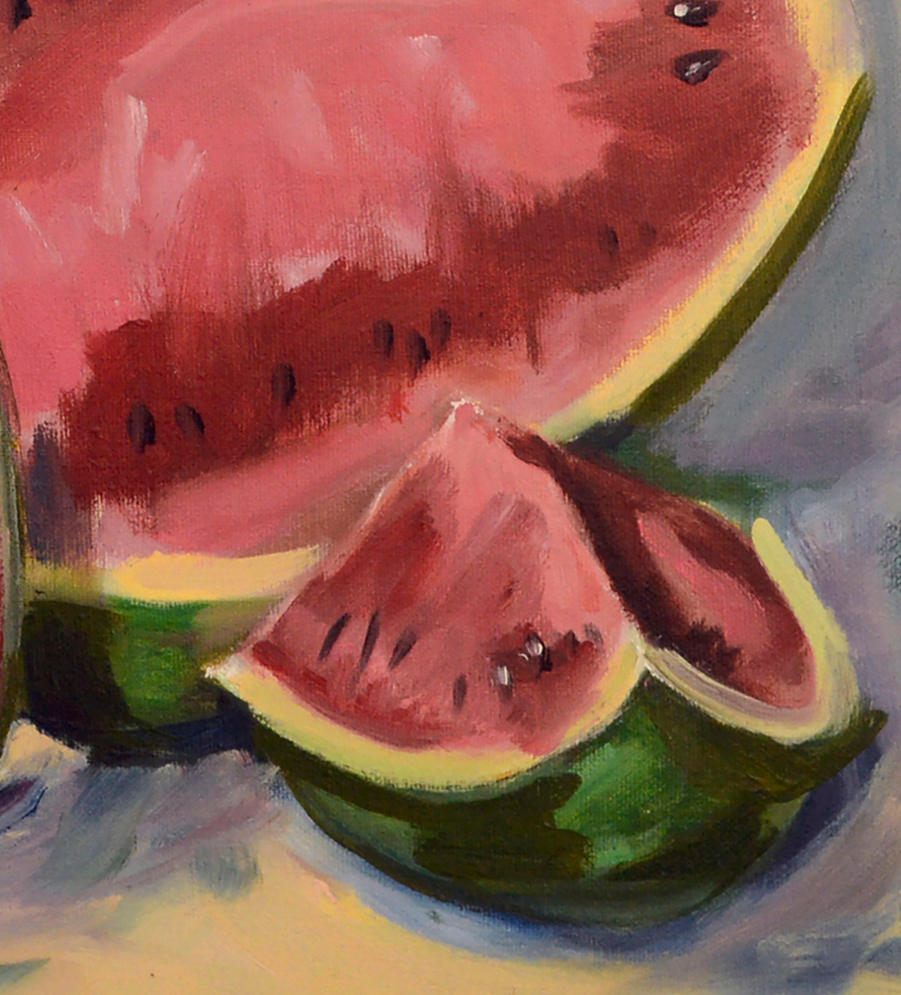 Watermelon and Blue Vase Still-Life  - American Impressionist Painting by Sally Minton