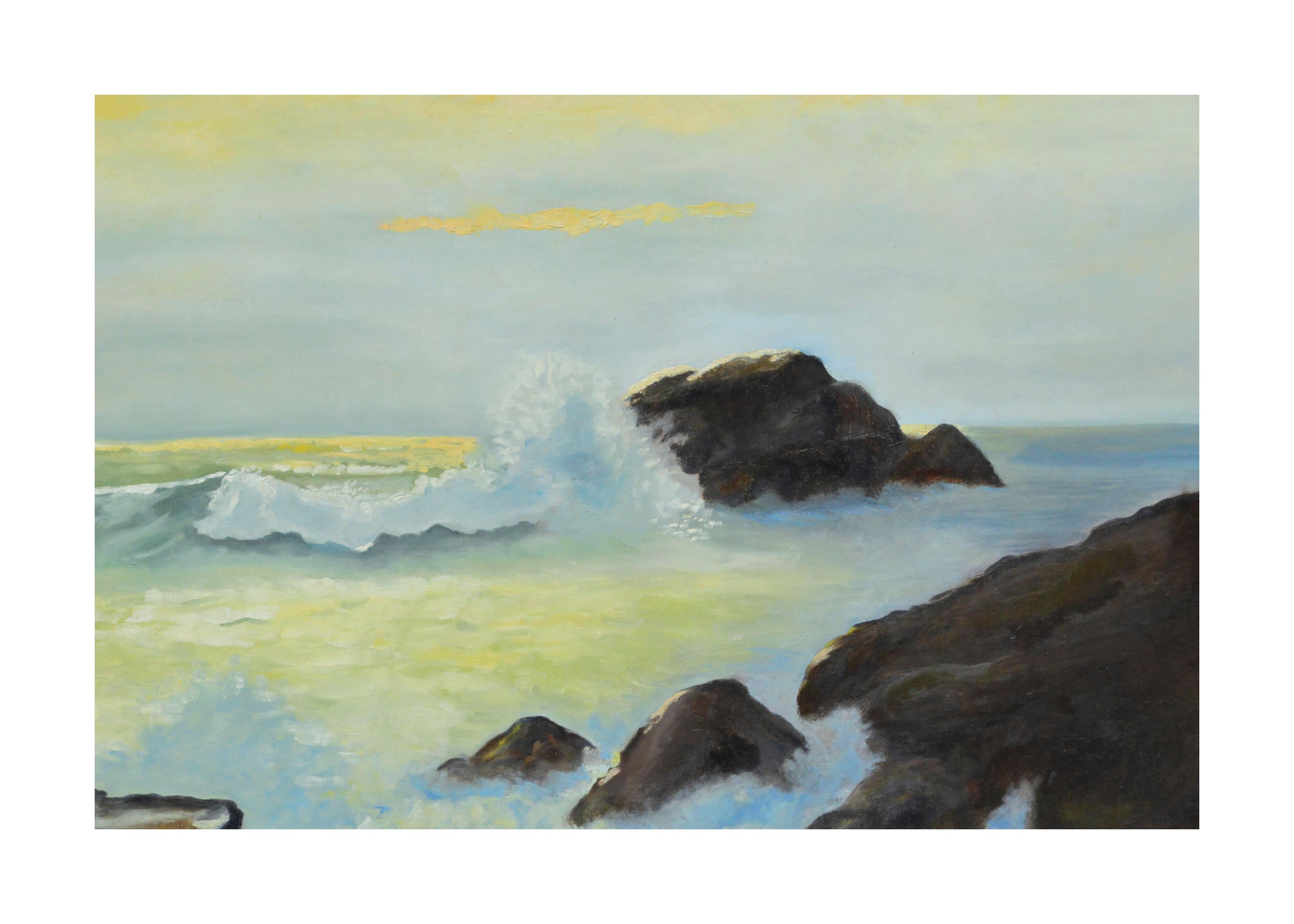 Mid Century Big Sur Coast at Sunset Seascape - Painting by Arlene Manley