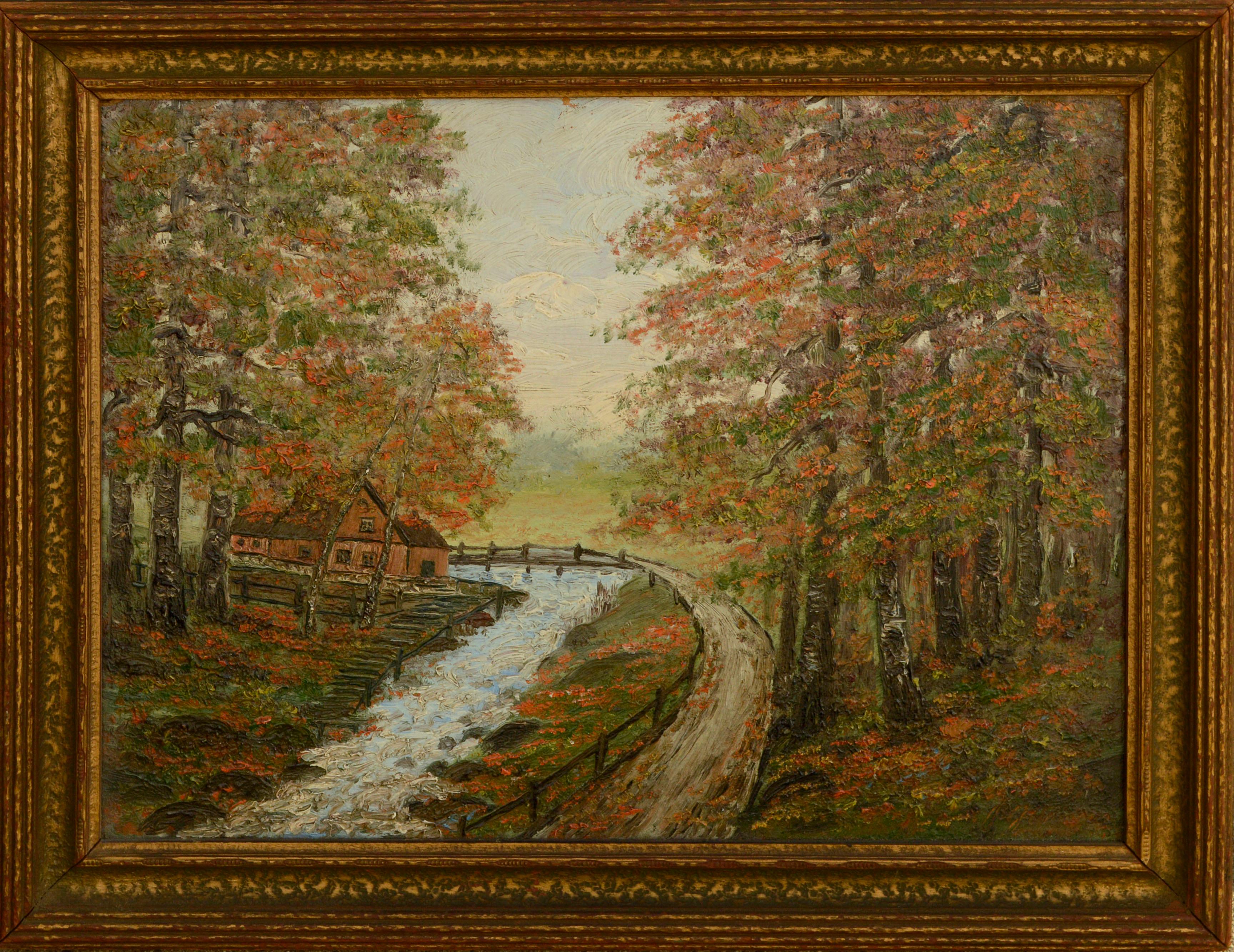 Thelma Connell Landscape Painting – Landhaus im Herbst, Mid-Century-Wohnhaus in der Waldlandschaft 