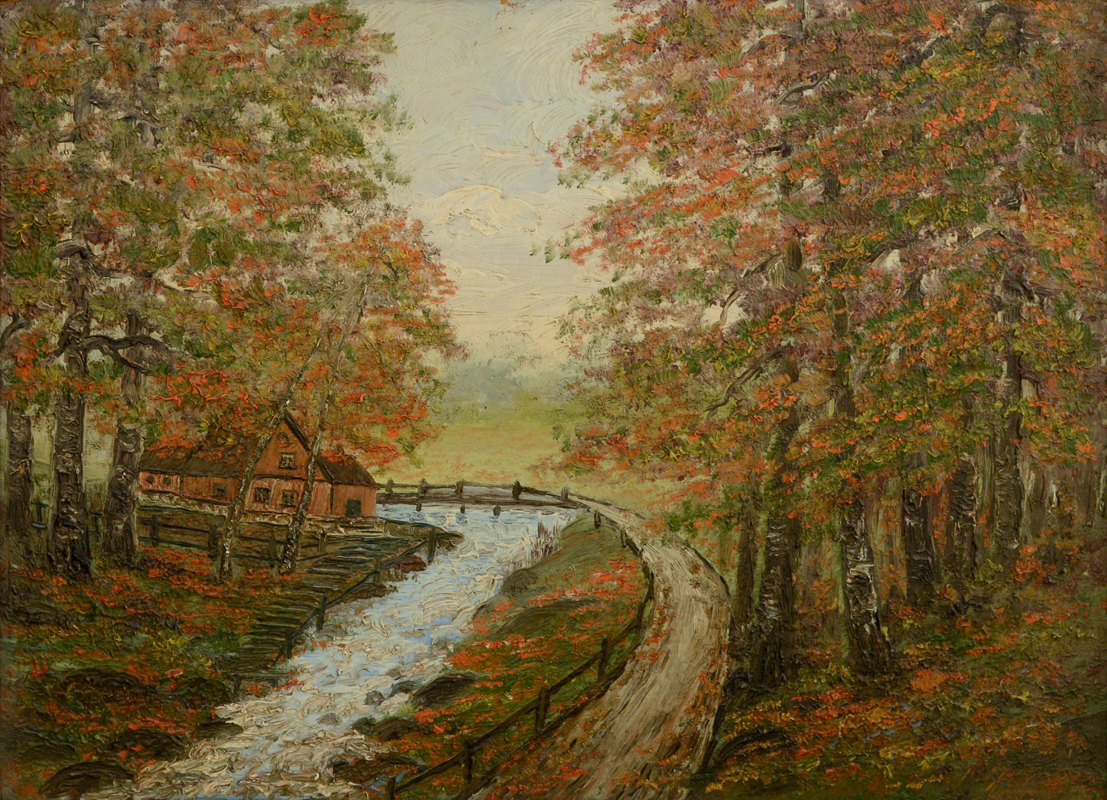 Landhaus im Herbst, Mid-Century-Wohnhaus in der Waldlandschaft  – Painting von Thelma Connell