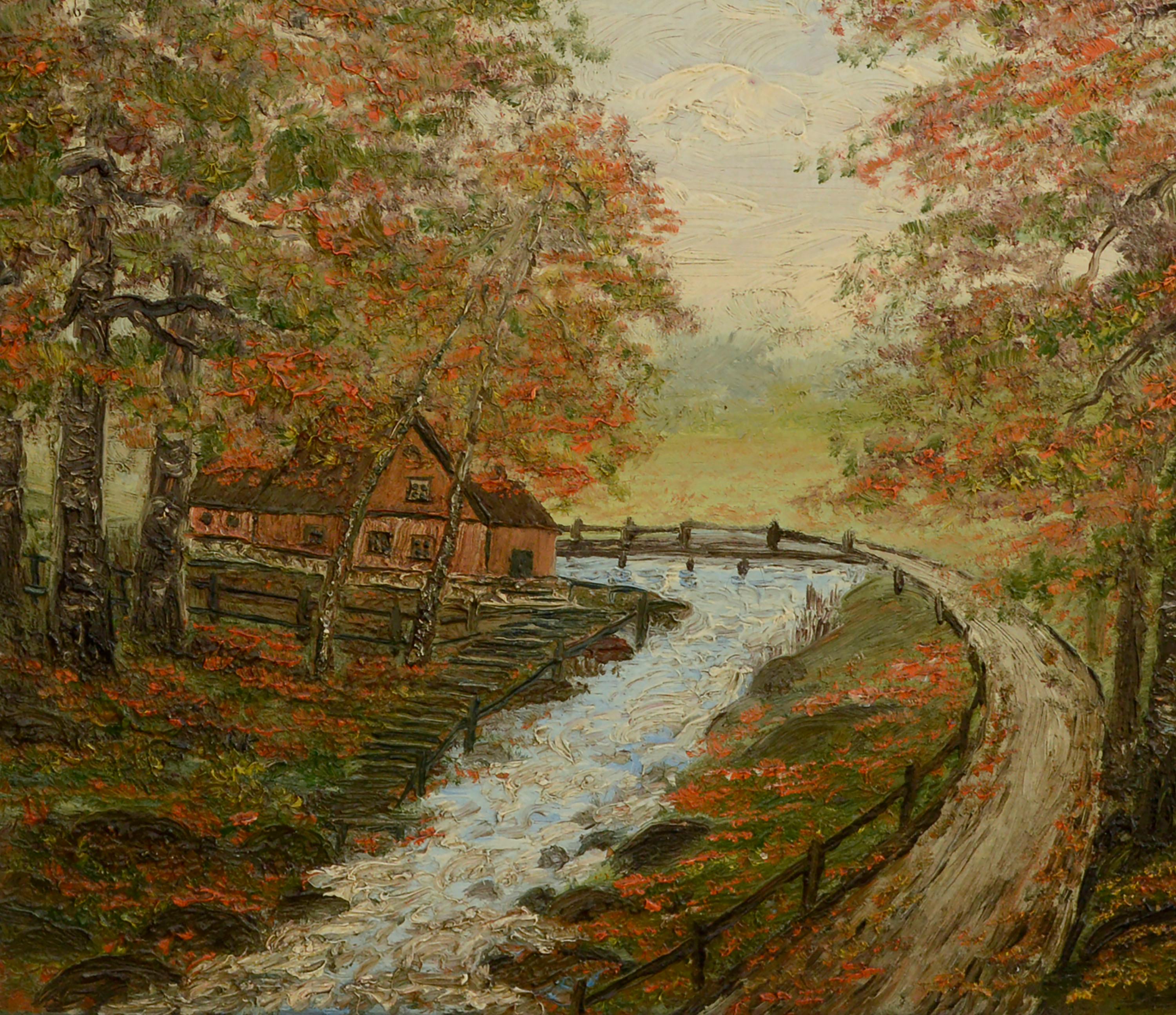 Landhaus im Herbst, Mid-Century-Wohnhaus in der Waldlandschaft  (Amerikanischer Impressionismus), Painting, von Thelma Connell