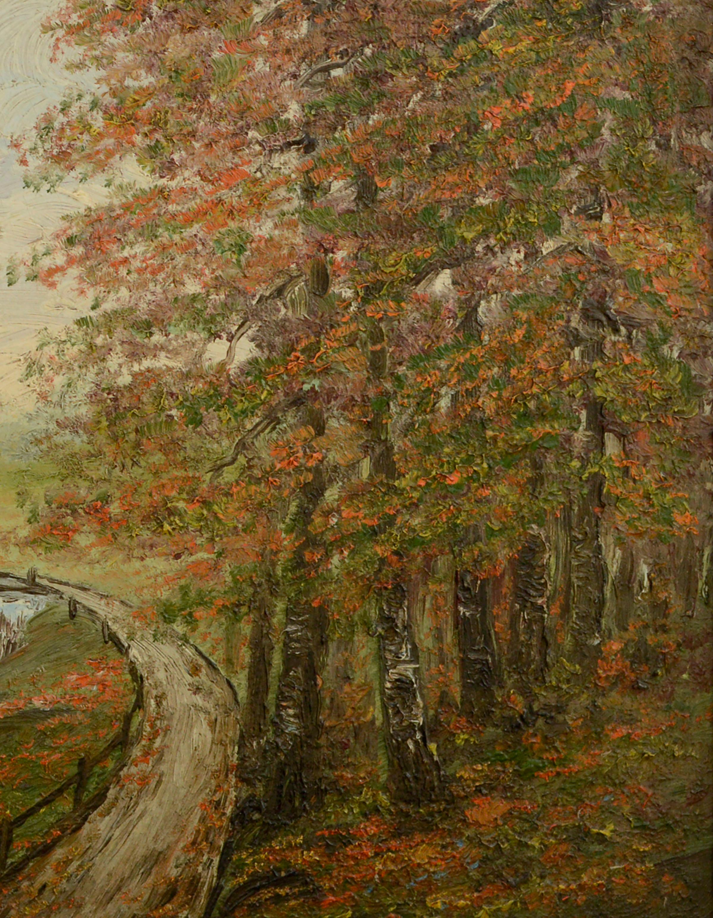 Impasto-Landschaft aus der Mitte des Jahrhunderts mit einem Haus an einer Flussbiegung in der Landschaft, umgeben von hohen Herbstbäumen, von der kalifornischen Künstlerin Thelma Connell (Amerikanerin, 20. Jahrhundert). Verso signiert und datiert
