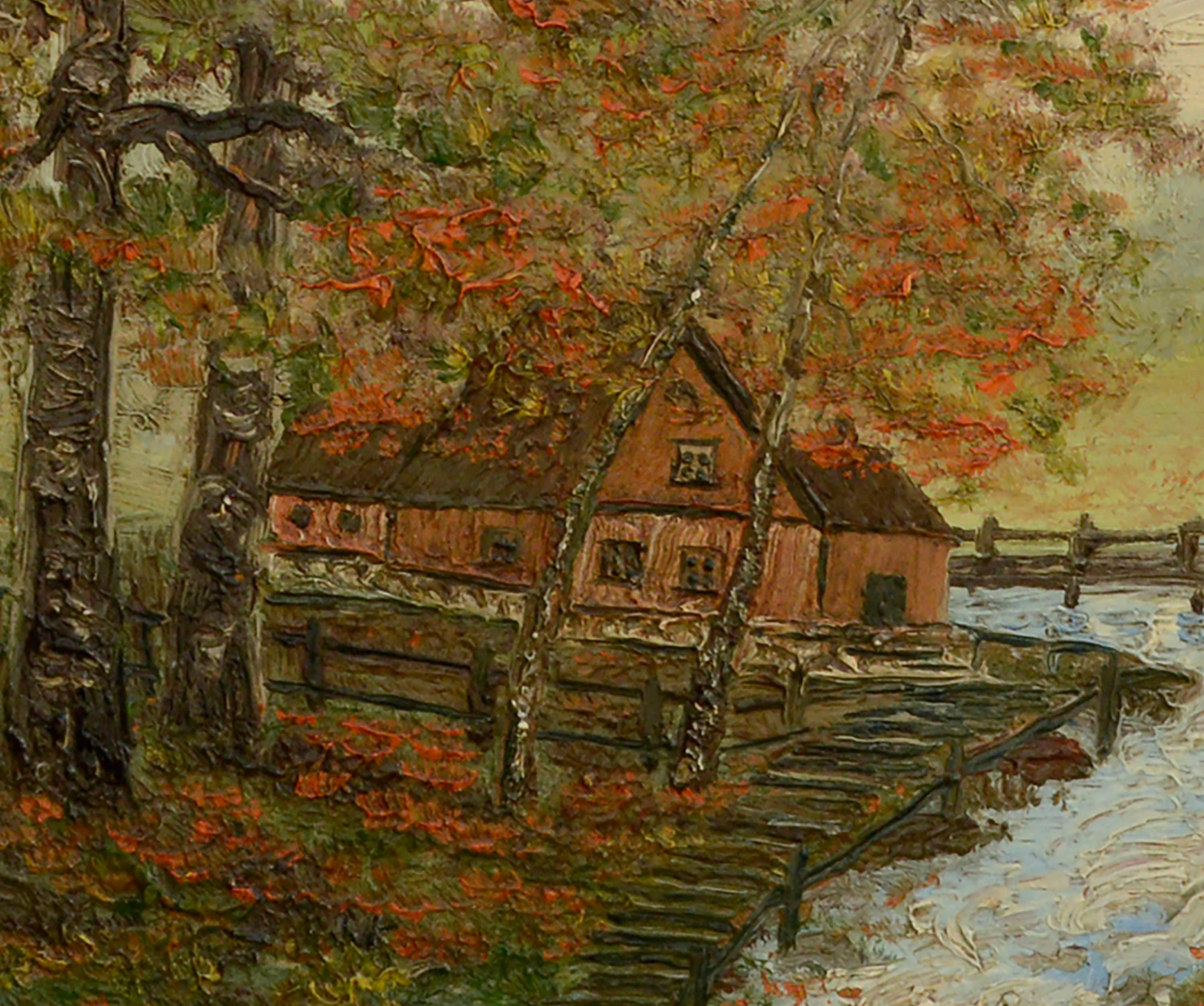 Landhaus im Herbst, Mid-Century-Wohnhaus in der Waldlandschaft  (Braun), Landscape Painting, von Thelma Connell
