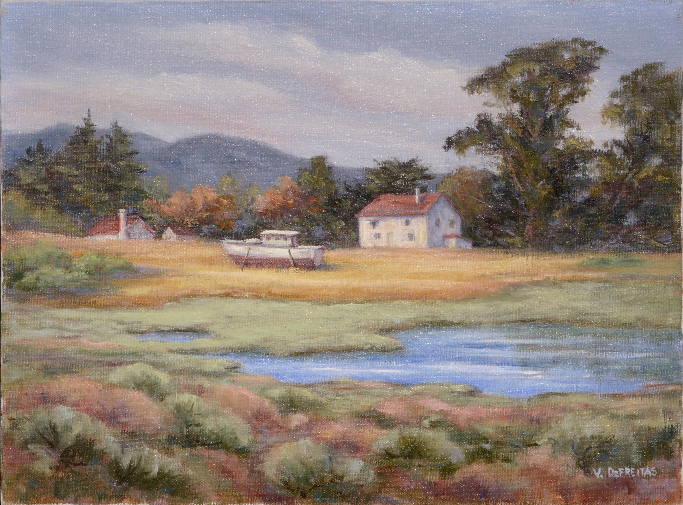 Virginia DeFreitas Landscape Painting - House and Boat by the Pond - Landscape