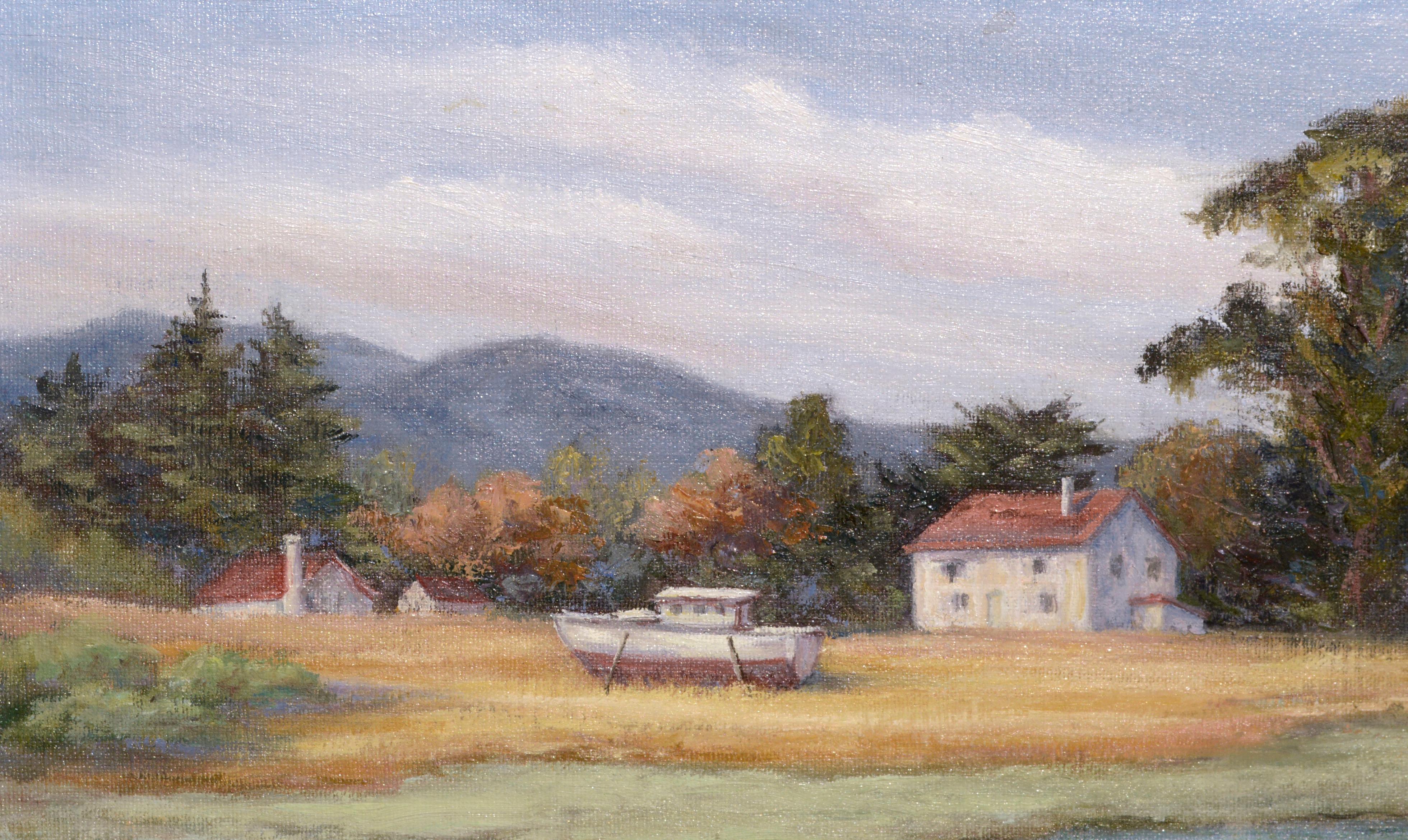 House and Boat by the Pond - Landscape - Painting by Virginia DeFreitas