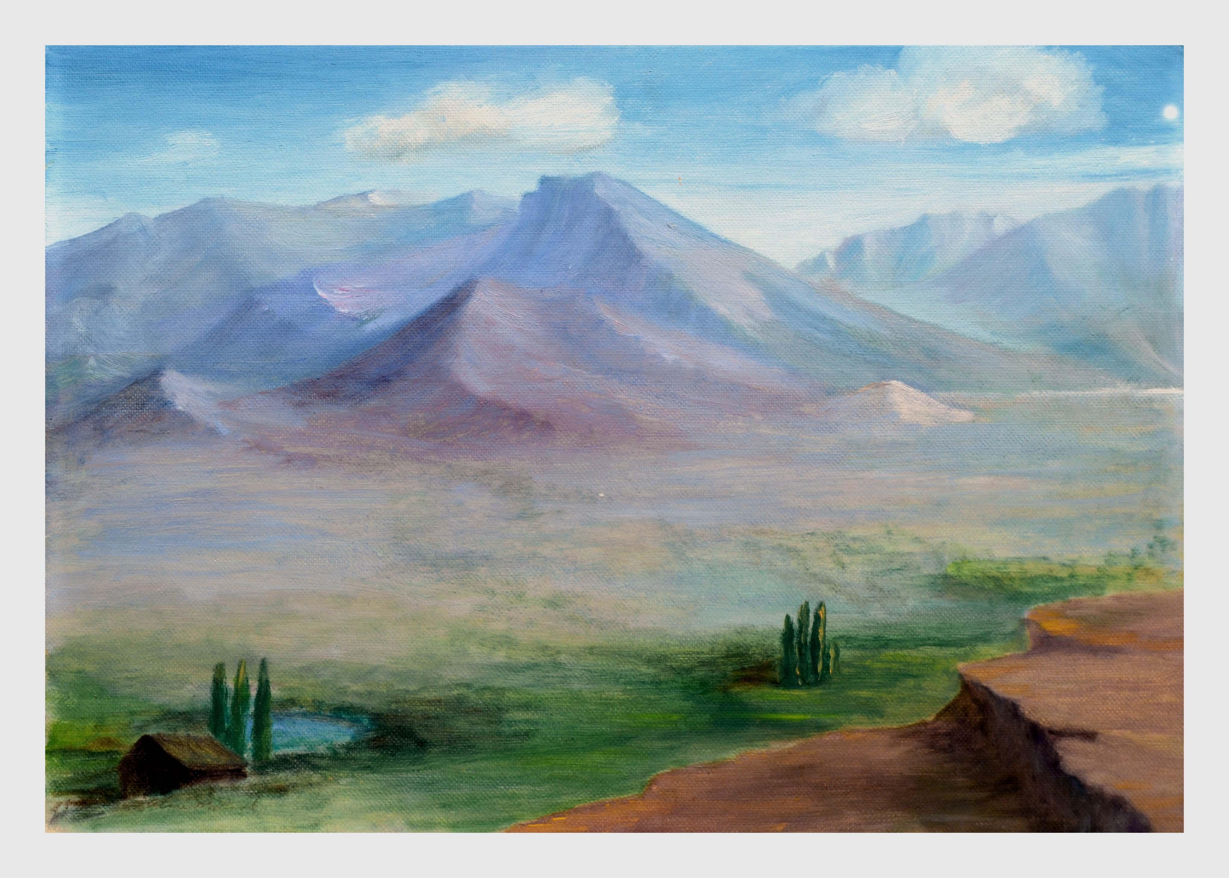 Alice M. Fink Landscape Painting - Mid Century Landscape -- Homestead Beneath a Desert Mountain