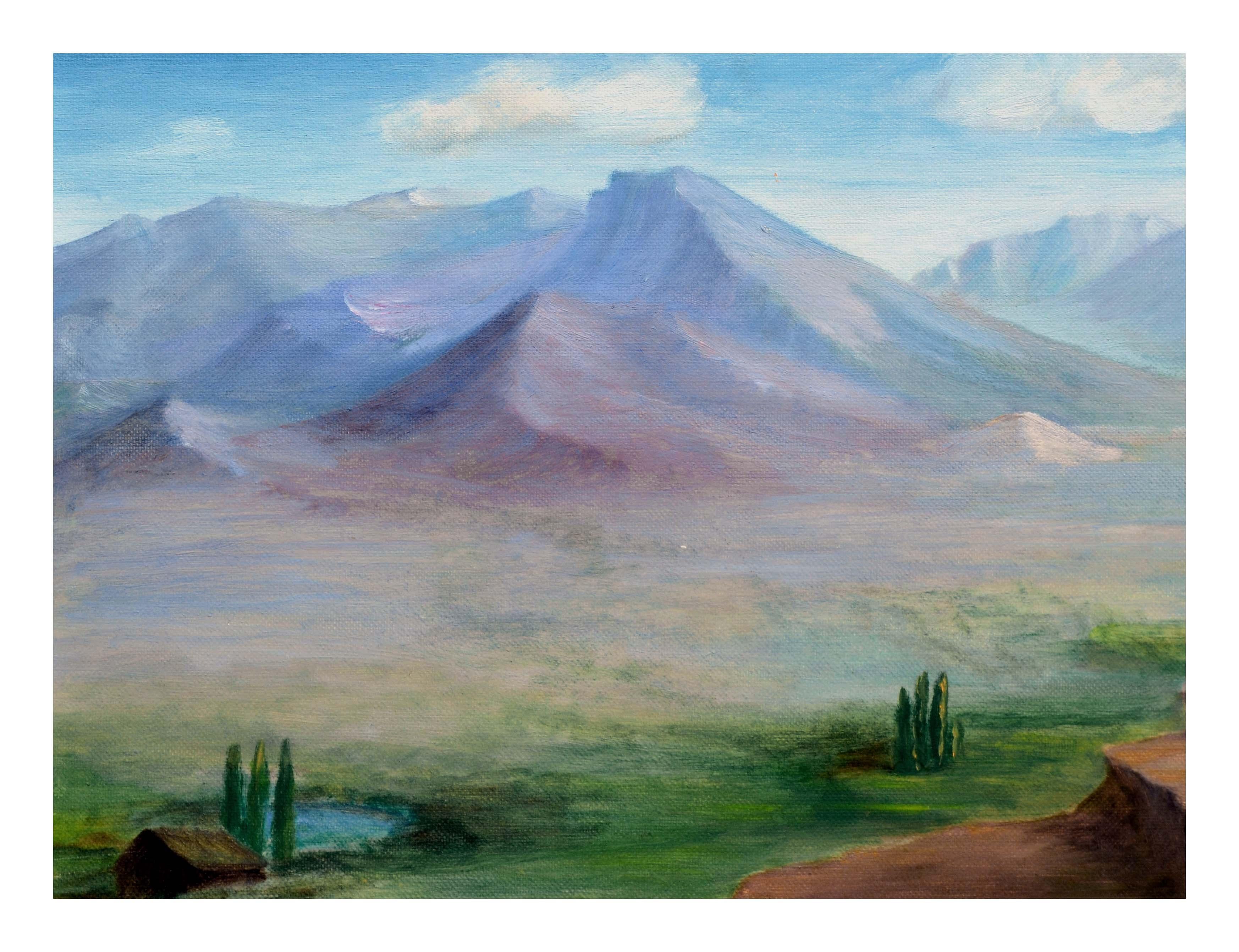 Mid Century Landscape -- Homestead Beneath a Desert Mountain - Painting by Alice M. Fink