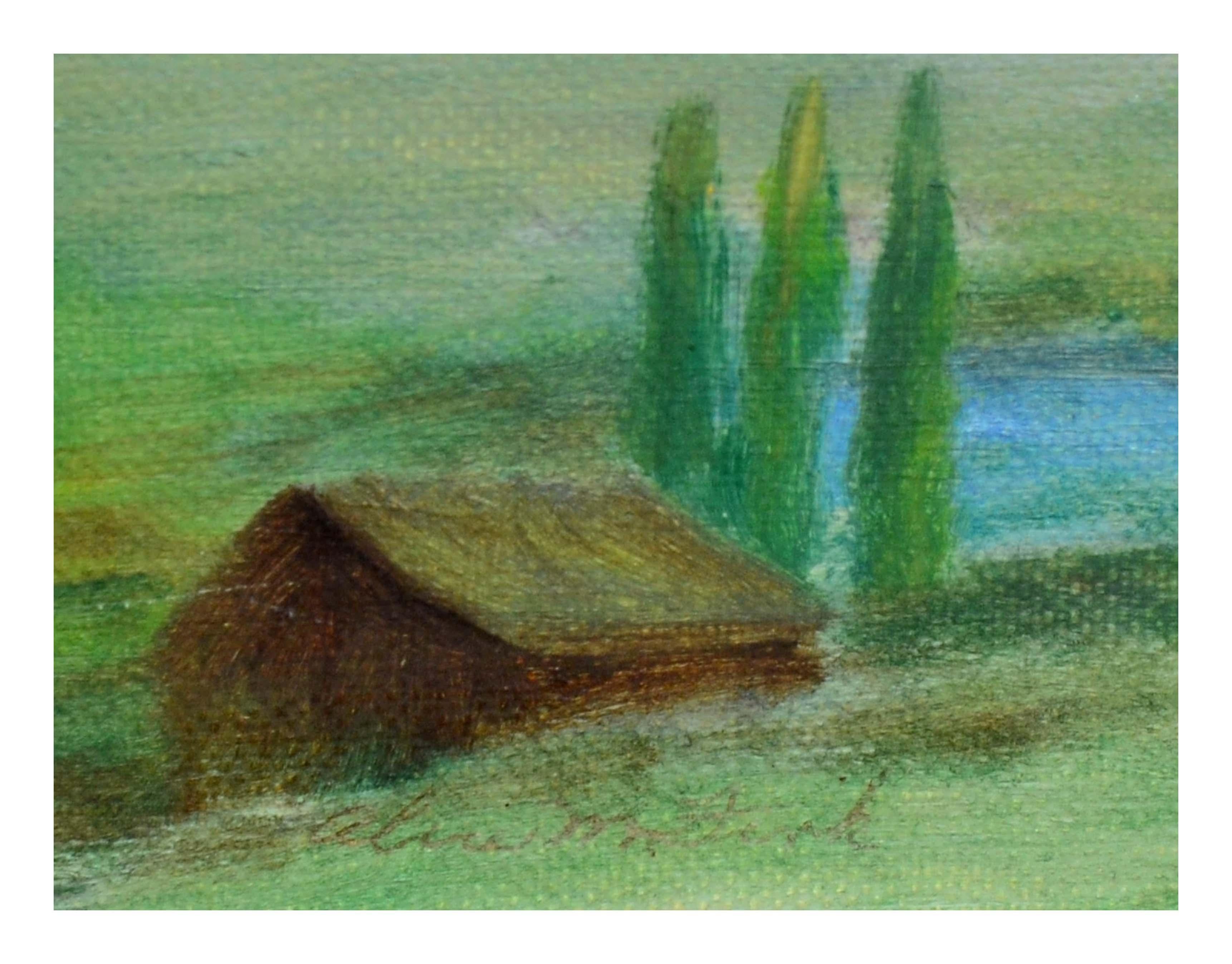 Paisaje de mediados de siglo -- Granja bajo una montaña desértica - Landscape Painting Gris de Alice M. Fink