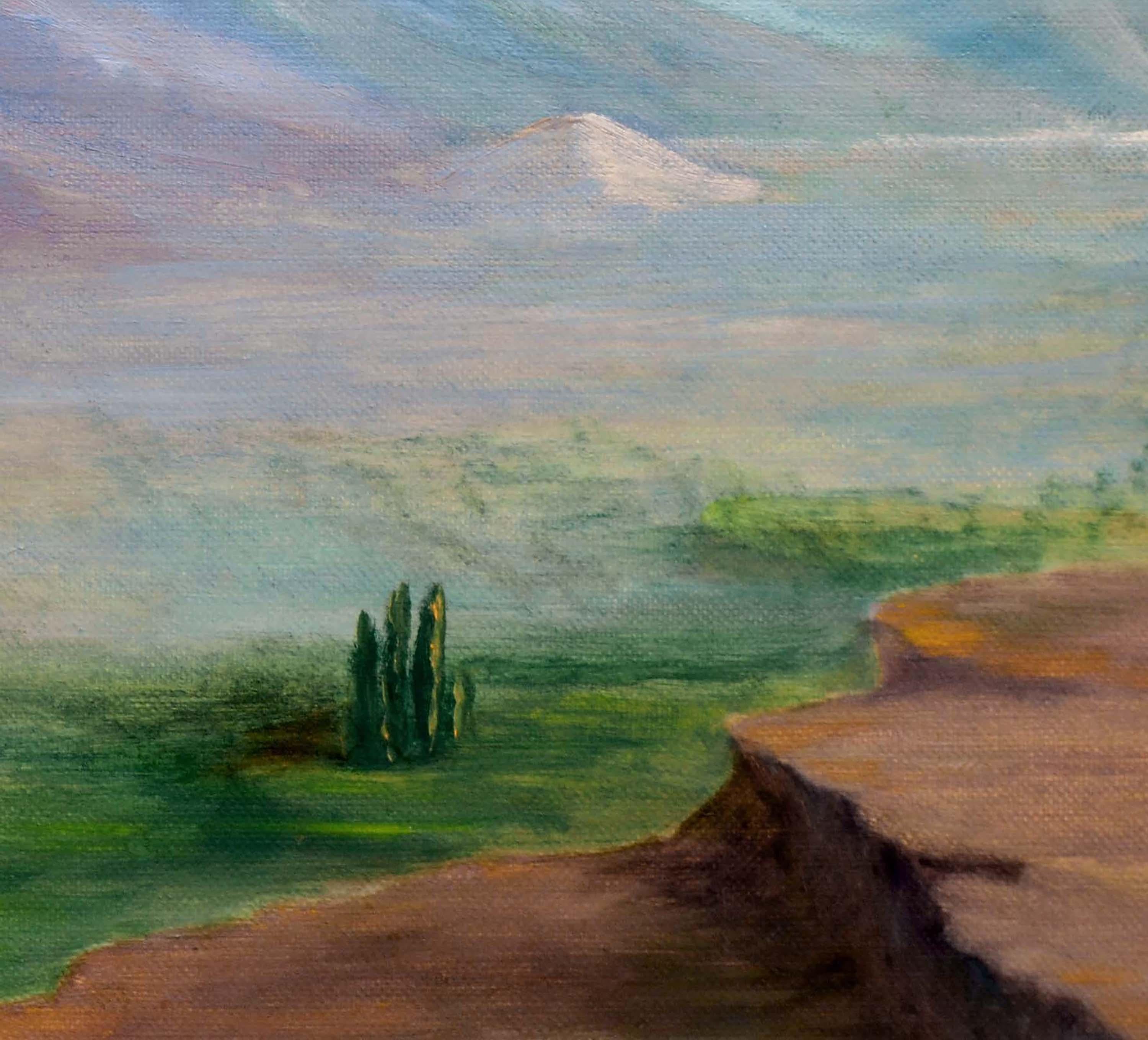 Mid Century Landscape -- Homestead Beneath a Desert Mountain - Gray Landscape Painting by Alice M. Fink